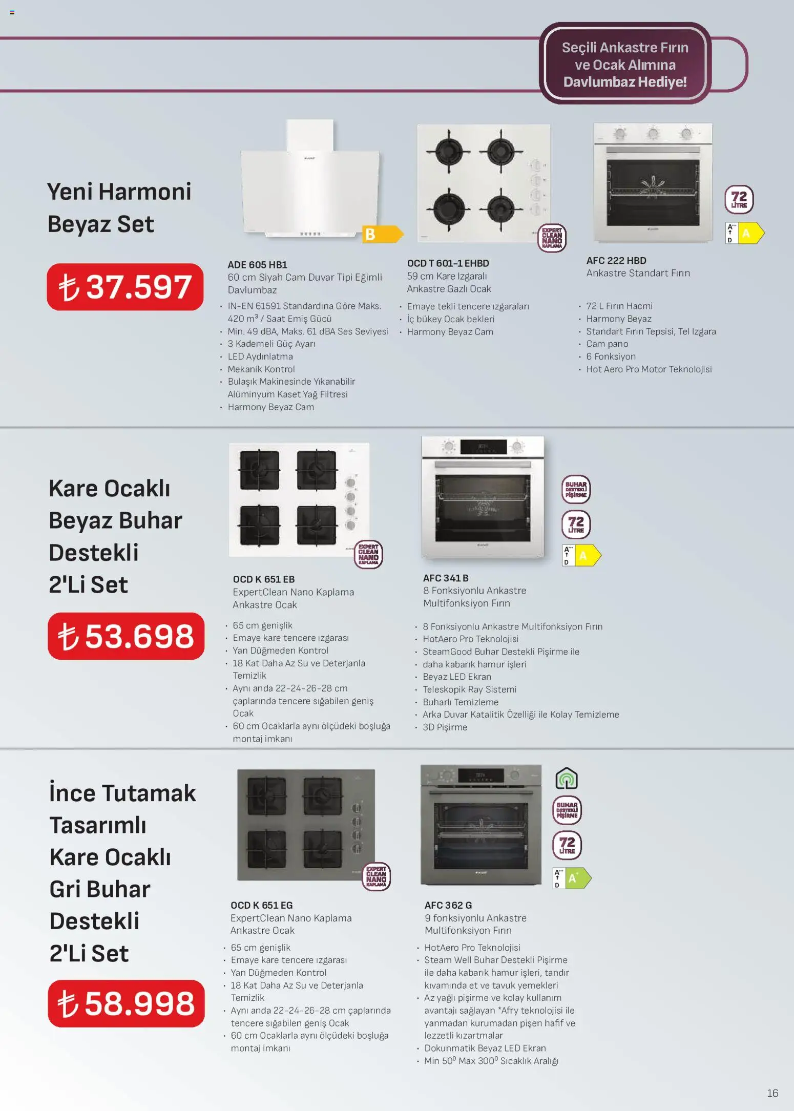 Arçelik - Ankastre Kataloğu - 01 Eylül 2026 tarihinden itibaren geçerlidir | Sayfa: 16 | Ürünler: Davlumbaz, Et, Su, Ses