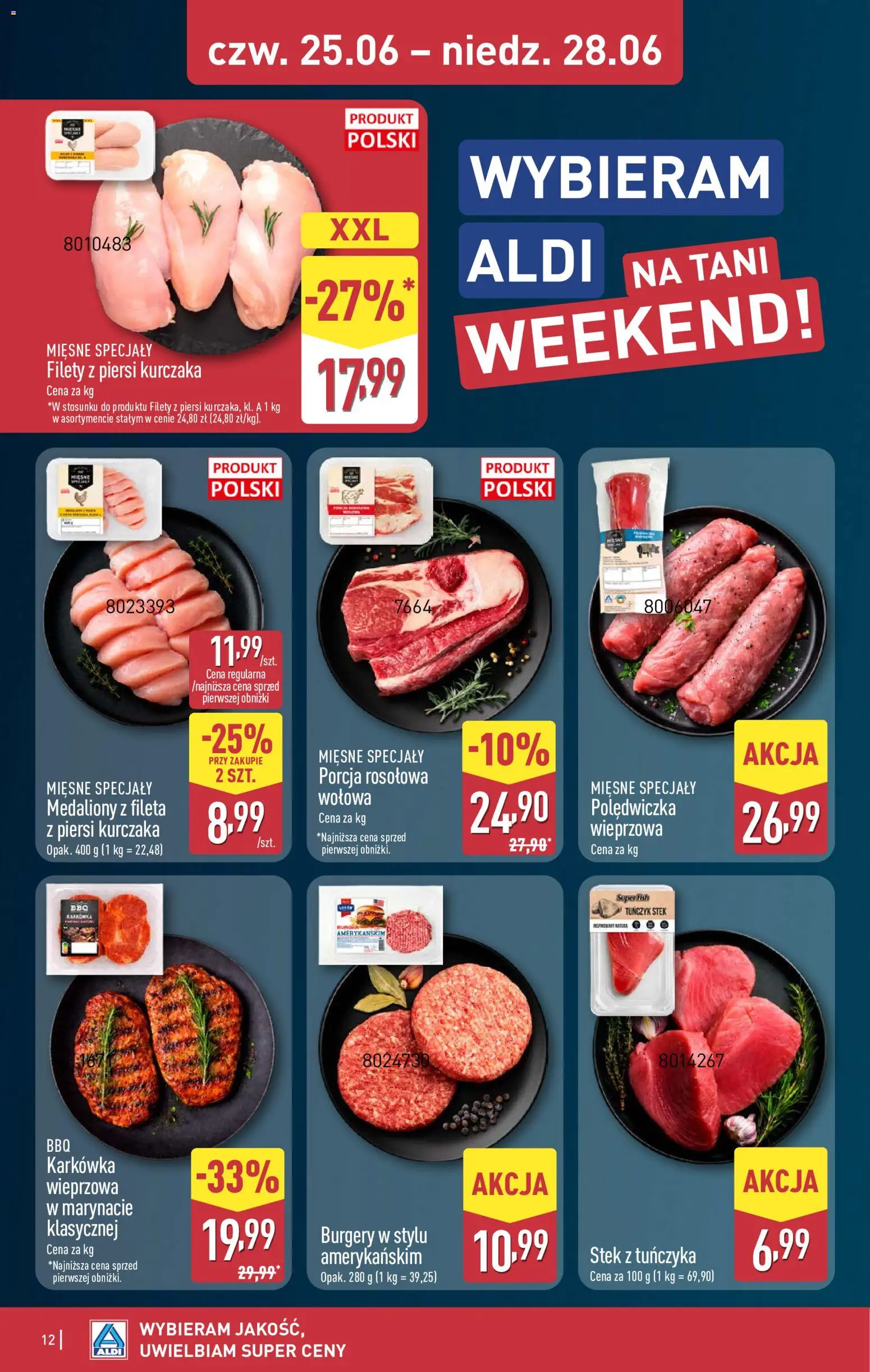 Aldi gazetka - Oferta weekendowa od 25.06.2026 | Strona: 12 | Produkty: Karkówka, Piersi, Stek z tuńczyka, Tuńczyk