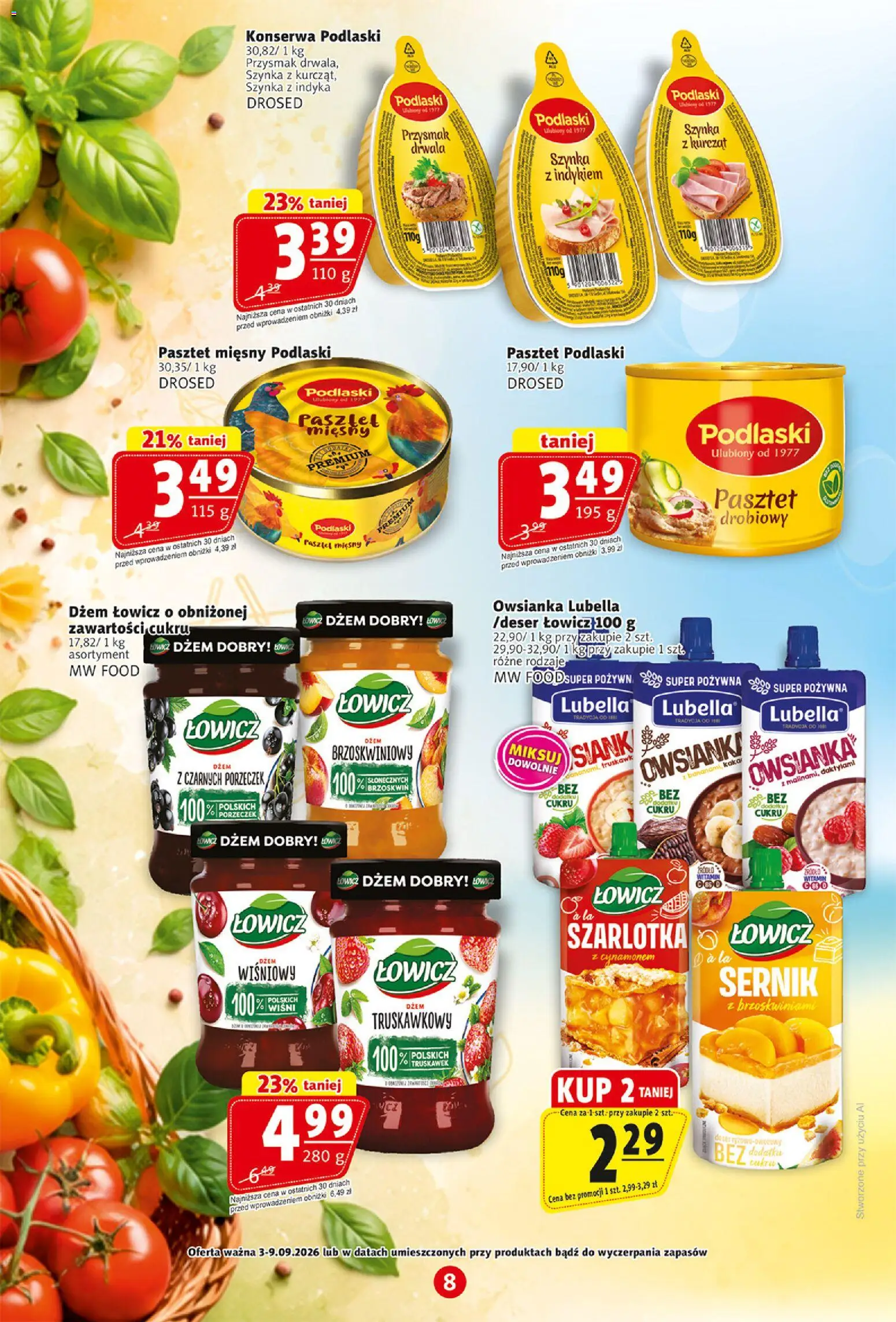 Prim Market gazetka od 03.09.2026 | Strona: 8 | Produkty: Owsianka, Dżem truskawkowy, Szynka, Dżem