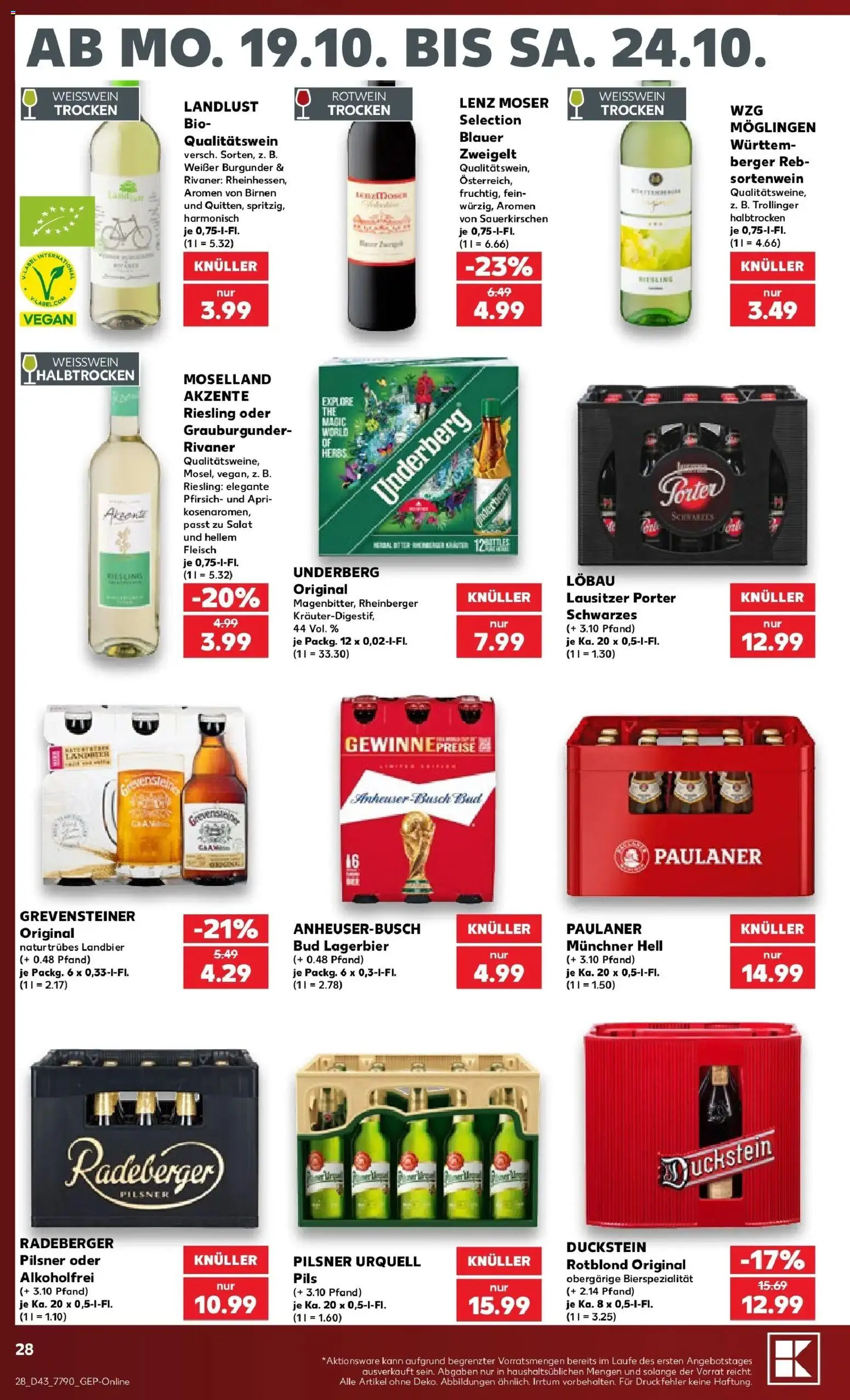 Prospekt Kaufland ab 19.10.2026 » Angebote Online zum Blättern | Seite: 32 | Produkte: Weißwein trocken, Pilsner urquell, Paulaner, Underberg