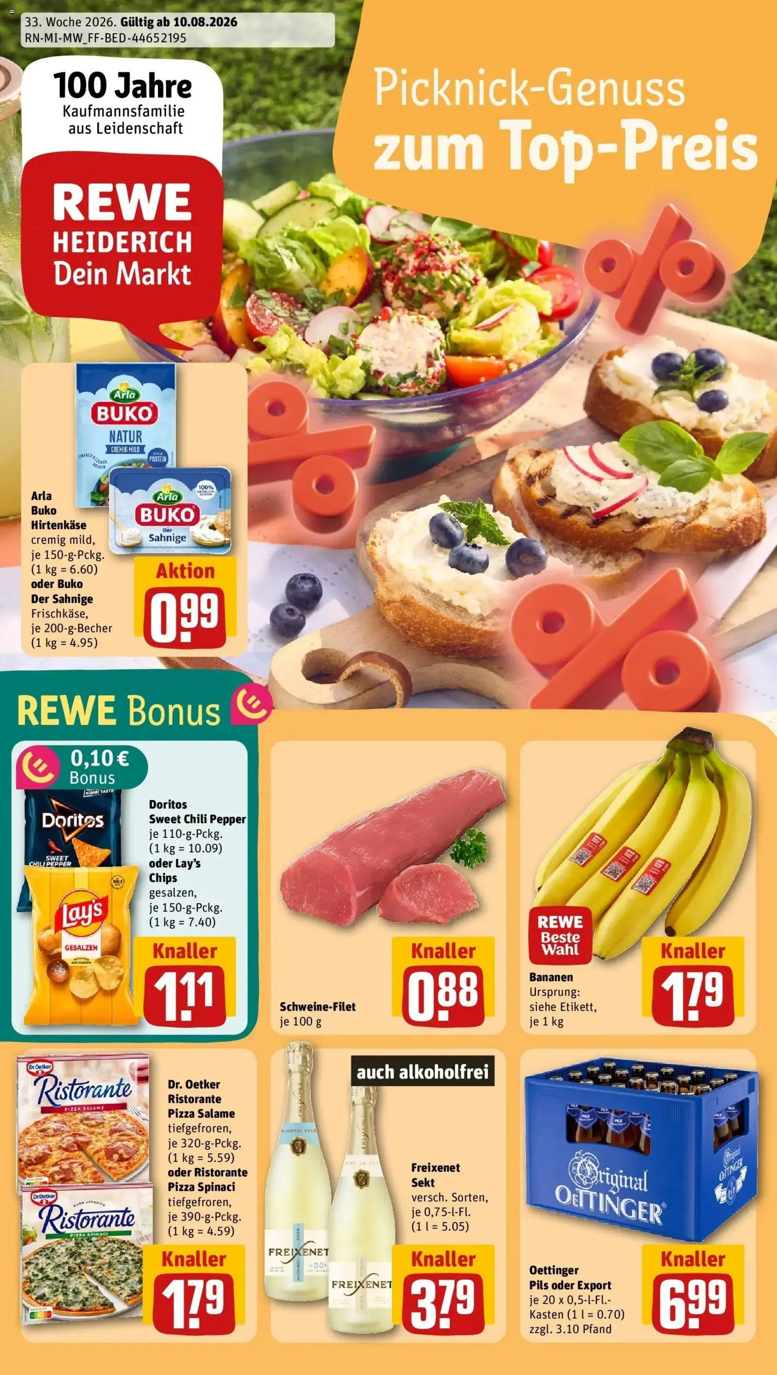 REWE Prospekt ab 10.08.2026 zum Blättern » Angebote | Seite: 1 | Produkte: Ristorante, Bananen, Oettinger, Pizza