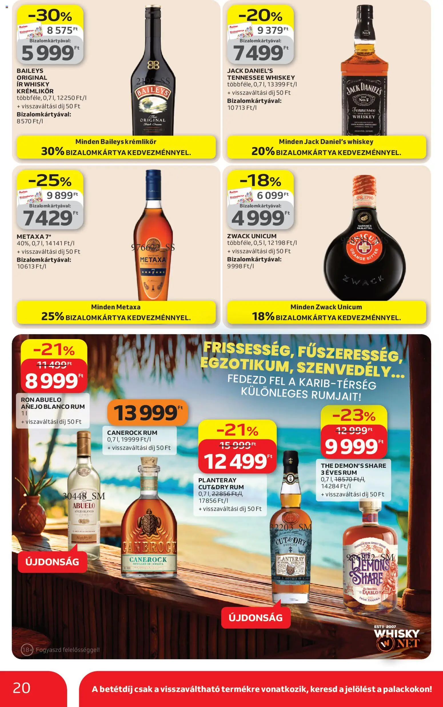 Auchan akciós ujság - amely érvényes a következő dátumtól: 09.04.2026 | Oldal: 20 | Termékek: Metaxa, Whiskey, Krémlikőr, Rum