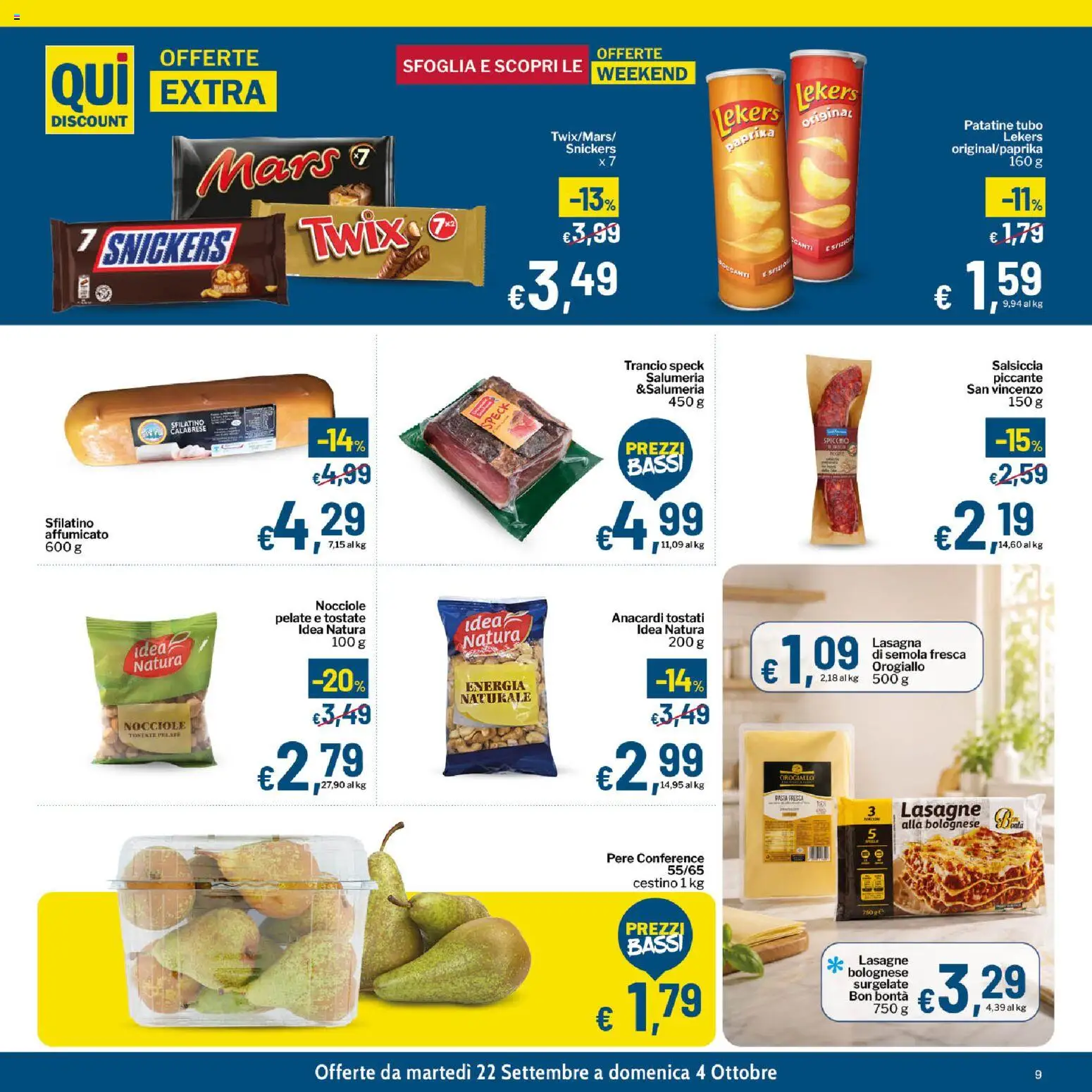Volantino Qui Discount del 22/09/2026 | Pagina: 9 | Prodotti: Speck, Pasta, Semola, Lasagne