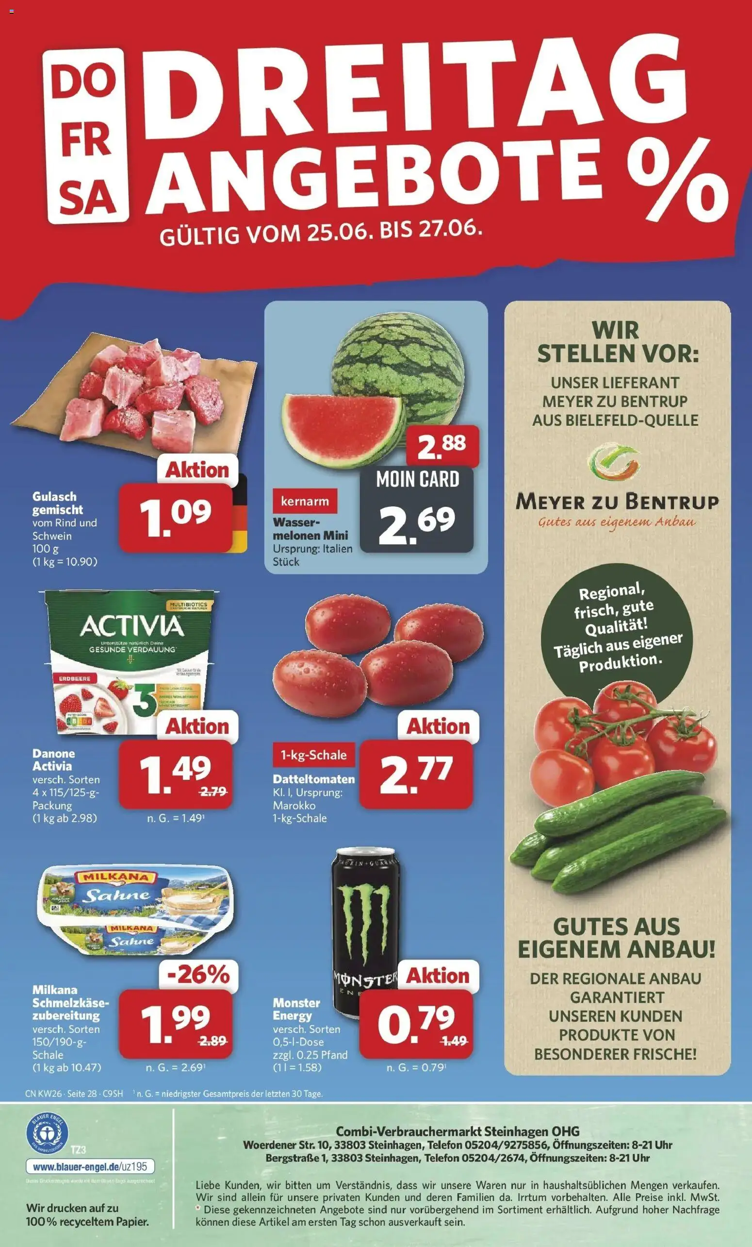 Combi Prospekt Steinhagen – gültig ab 22.06.2026 | Seite: 33 | Produkte: Energy, Milkana, Sahne, Uhr