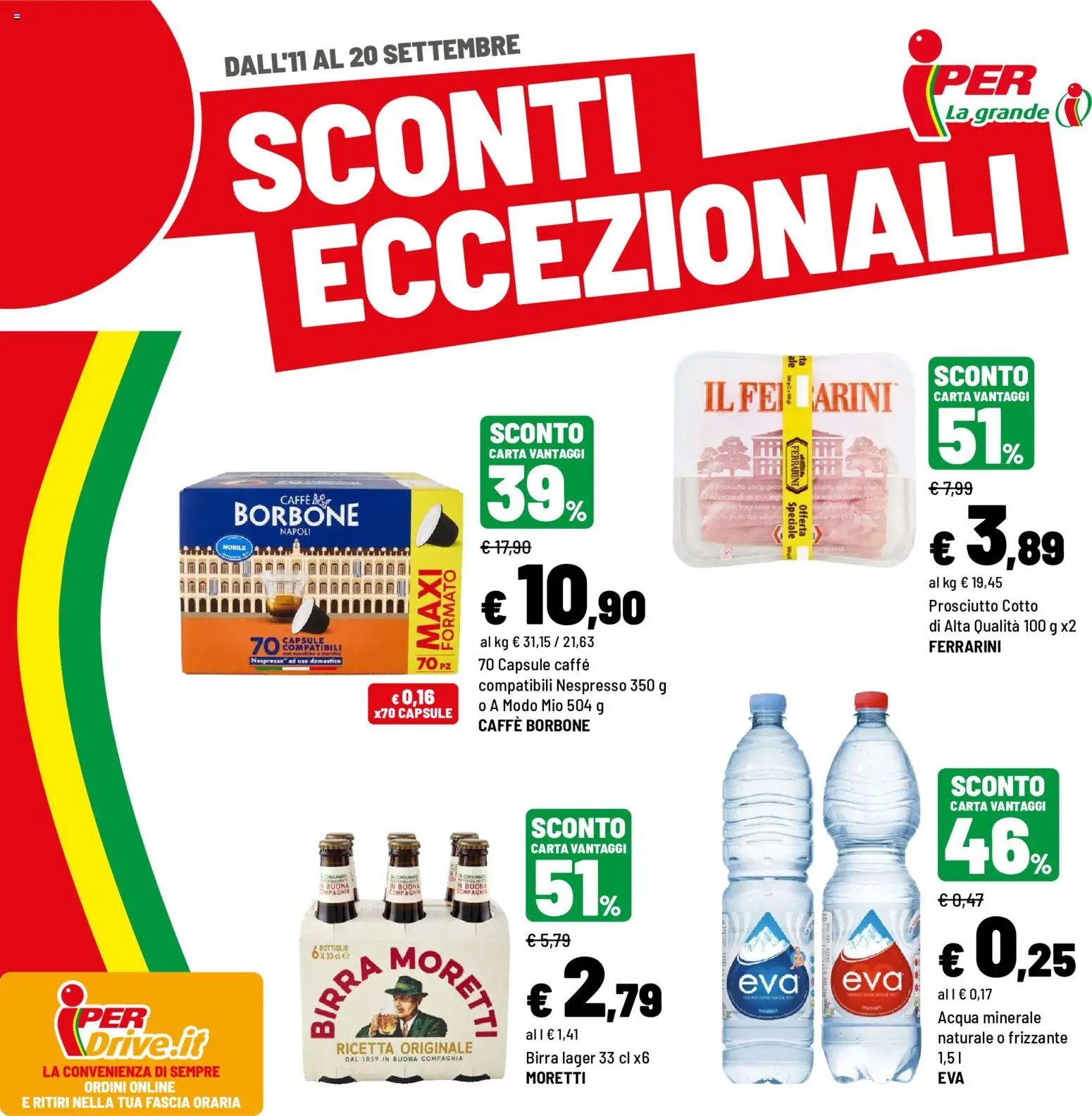 Volantino Iper del 11/09/2026 | Pagina: 1 | Prodotti: Birra, Acqua, Prosciutto, Acqua minerale