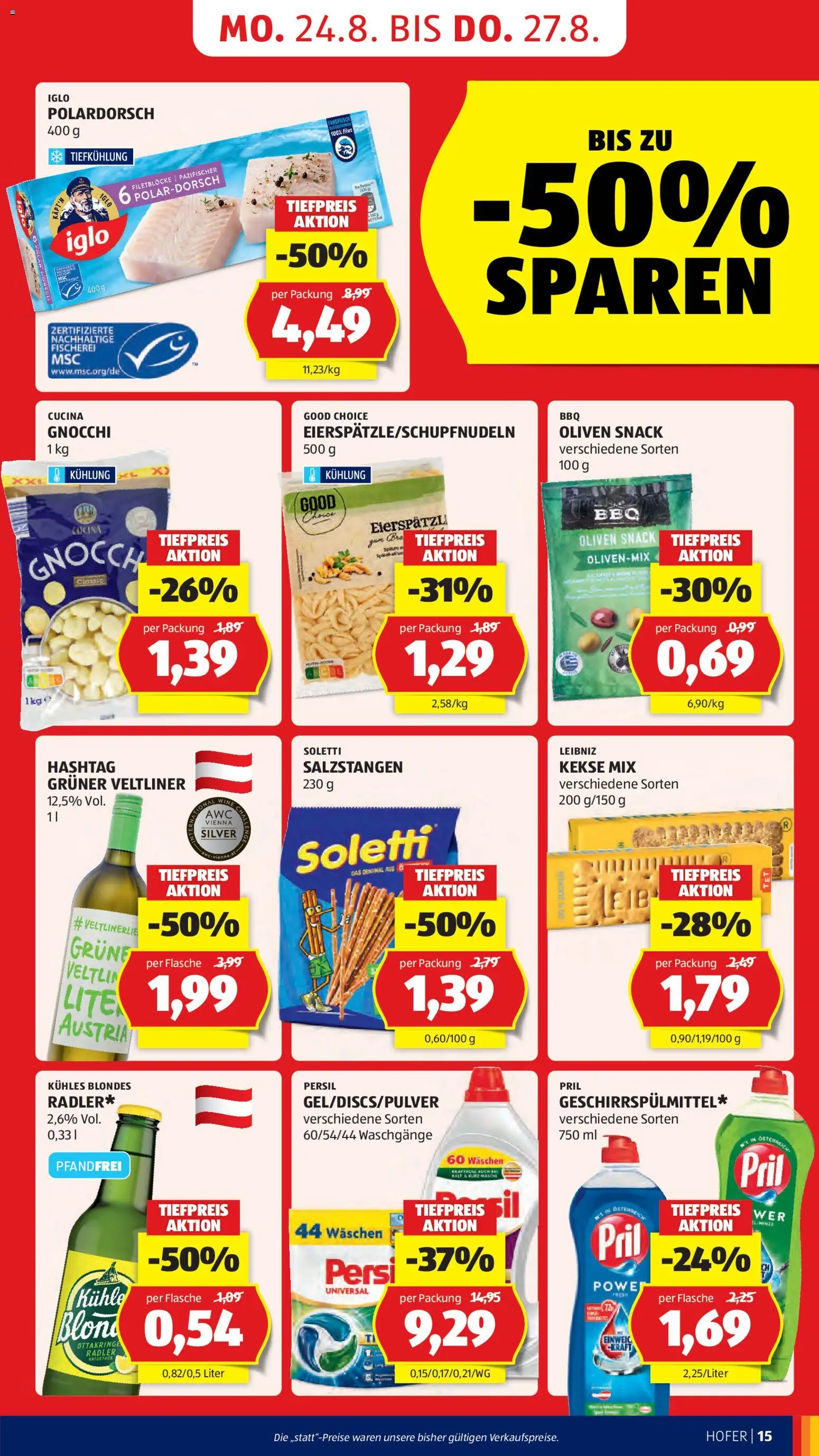 Hofer AT akciós ujság - amely érvényes a következő dátumtól: 2026.08.21. | Oldal: 25 | Termékek: Persil, Radler, Gnocchi