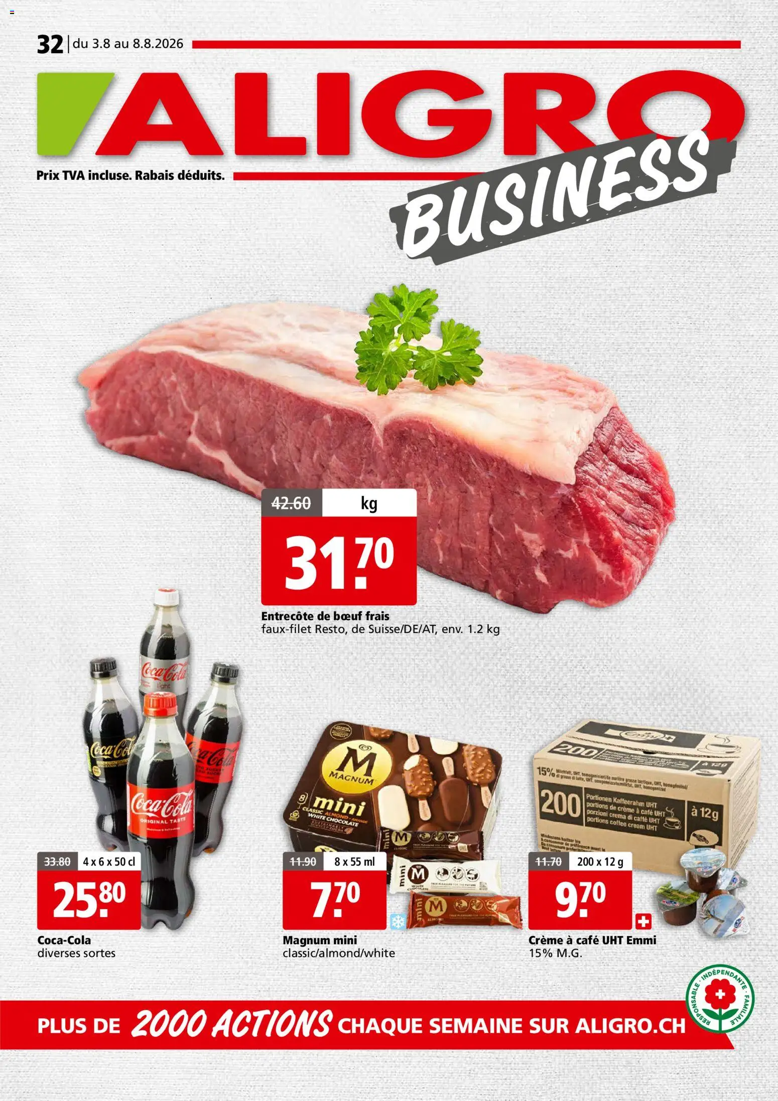 Aligro aktionen Business Chavannes, Matran, Genève, Sion – gültig ab 03.08.2026 | Seite: 1 | Produkte: Coca Cola, En Kommode, Creme