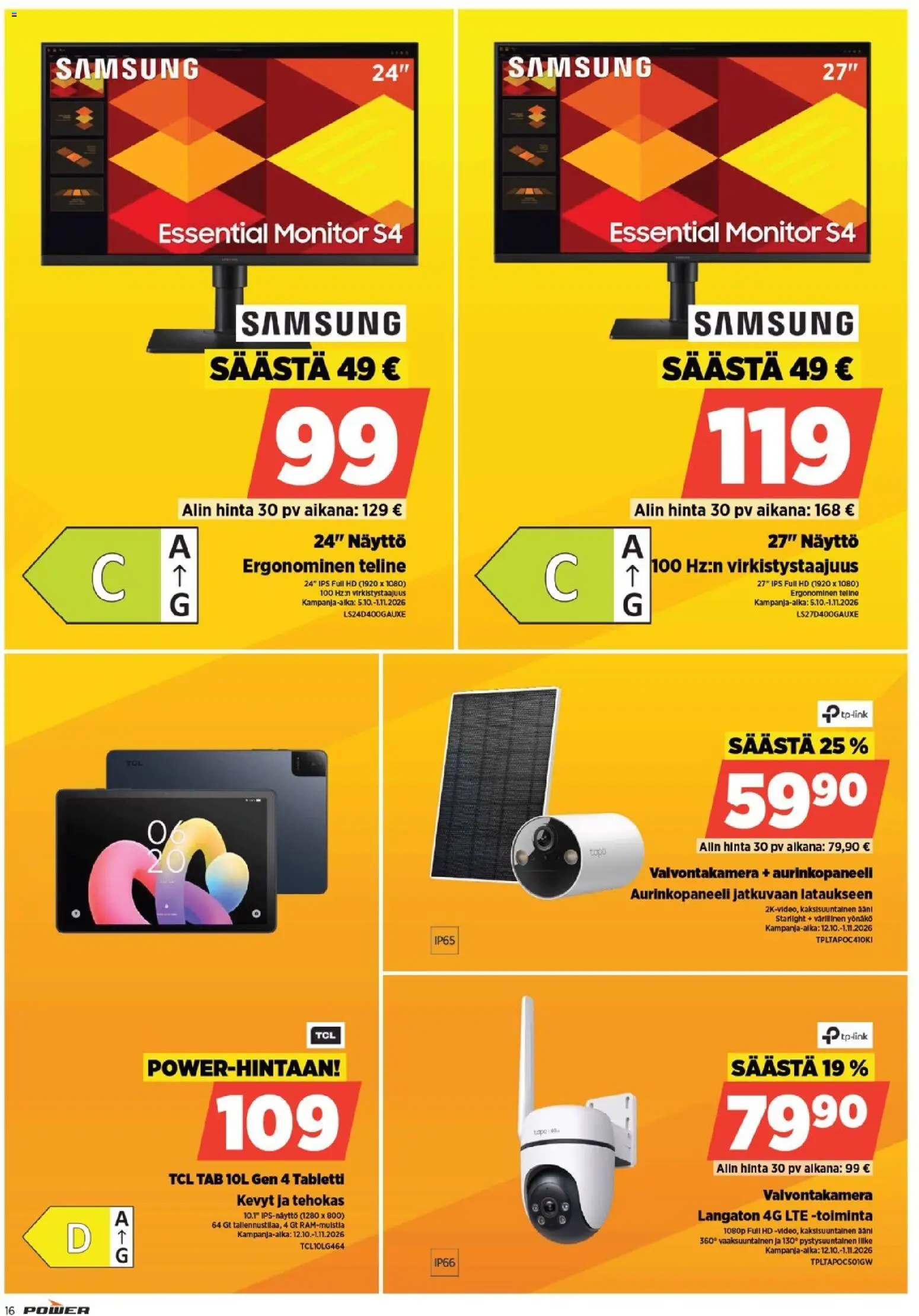 Power tarjoukset – voimassa 29/09/2026 alkaen | Sivu: 16 | Tuotteet: Valvontakamera, Tabletti, Näyttö