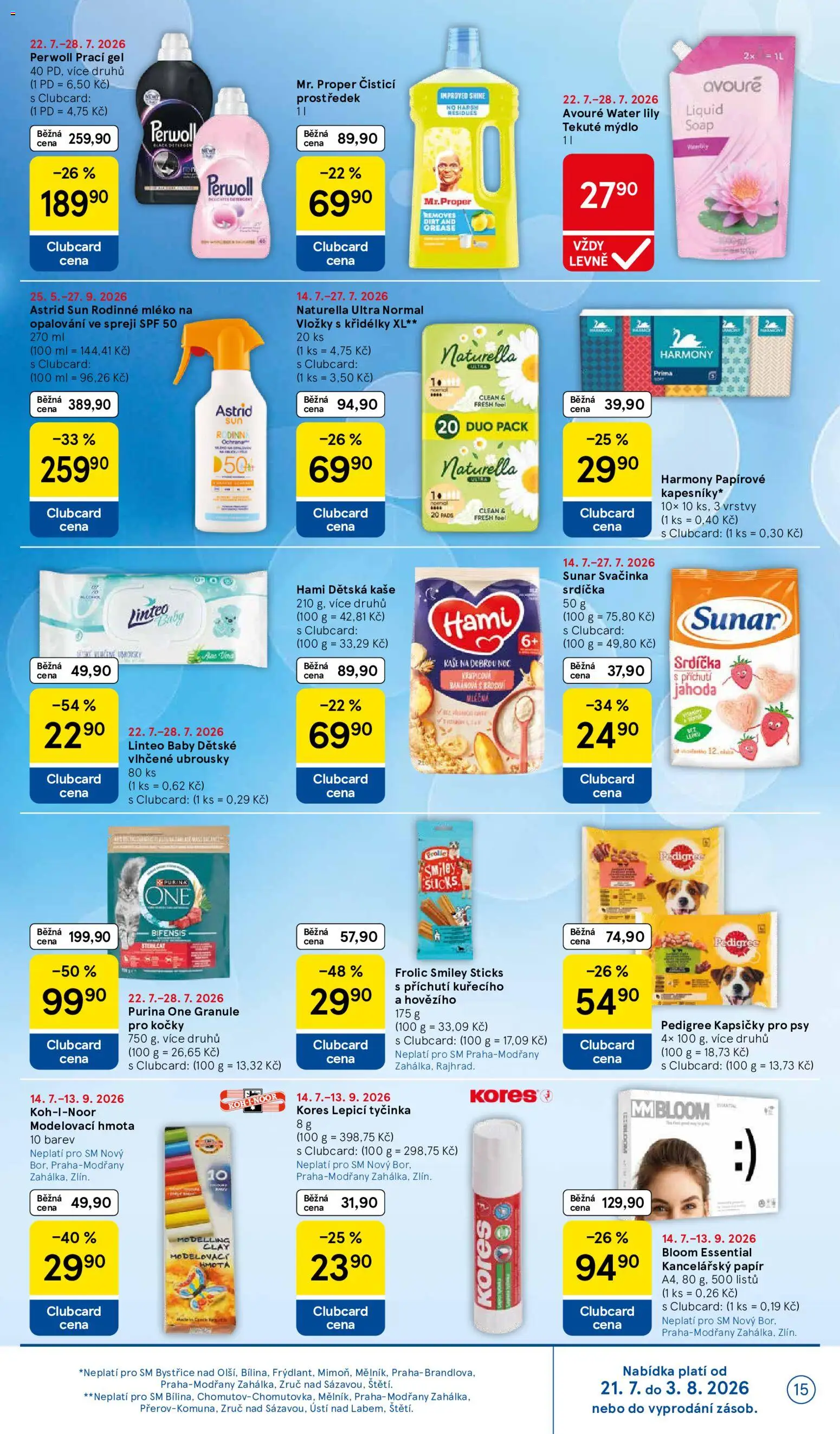 Tesco leták - Supermarket od 22.07.2026 | Strana: 15 | Produkty: Čistící prostředek, Purina, Kancelářský papír, Hami
