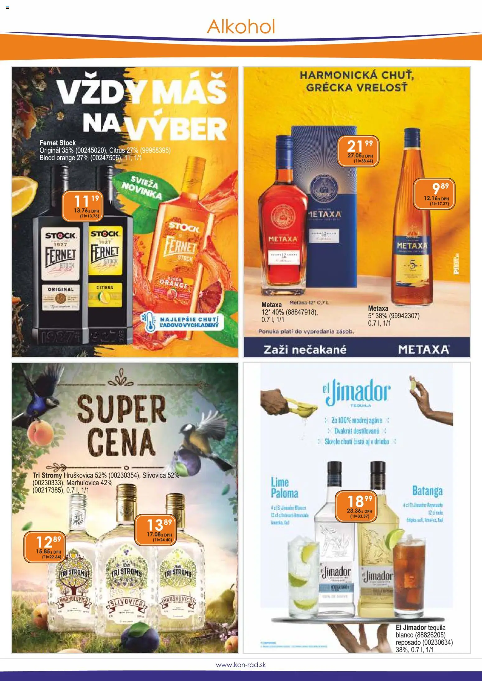 Nové KON - RAD akcie – leták je platný od 01.11.2026 | Strana: 16 | Produkty: Metaxa, Fernet, Fernet Stock, Alkohol