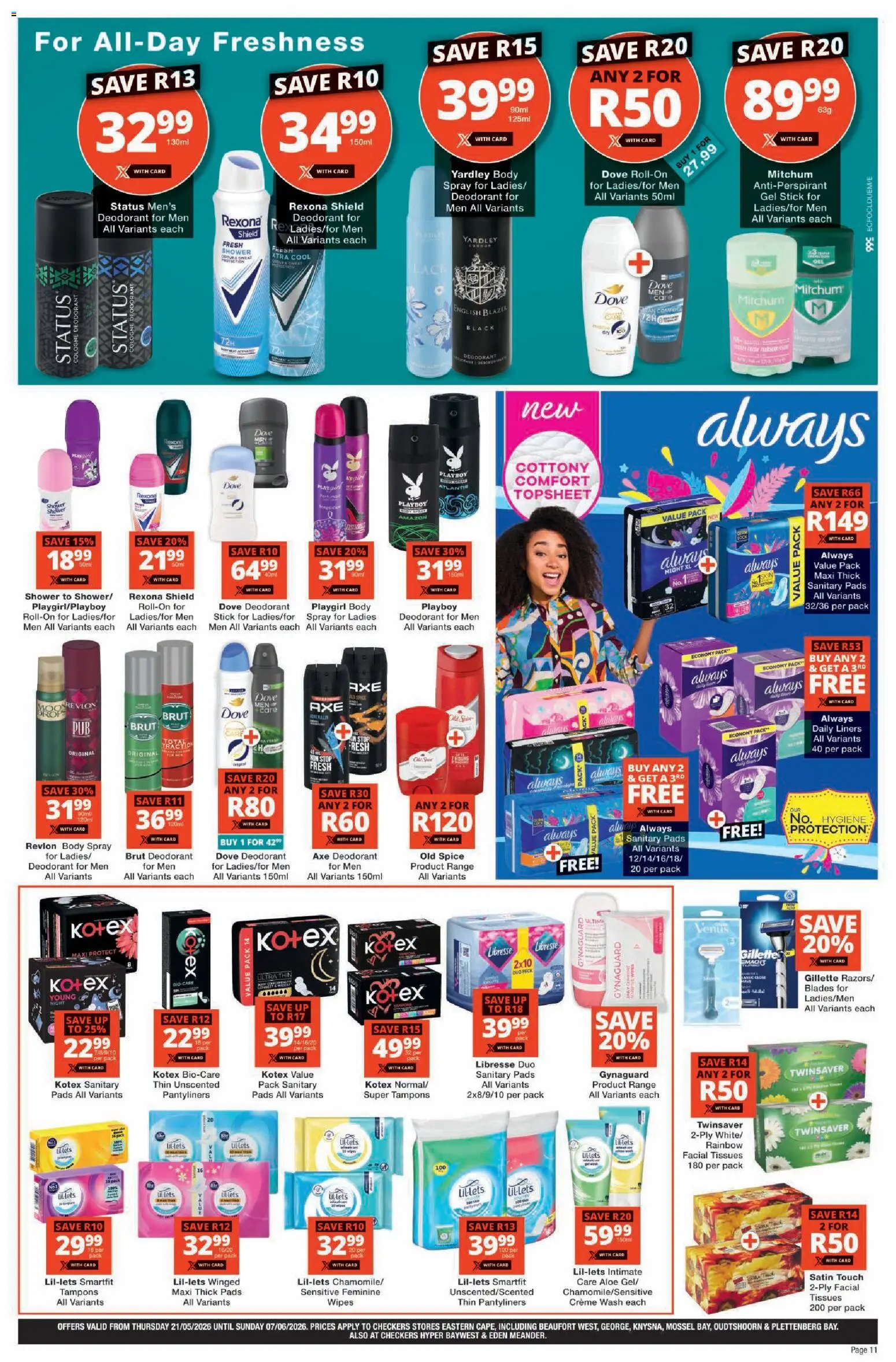 New Checkers catalogue – valid from 21.05.2026 | Page: 11 | Products: Blazer, Shower, Pads, Antiperspirant
