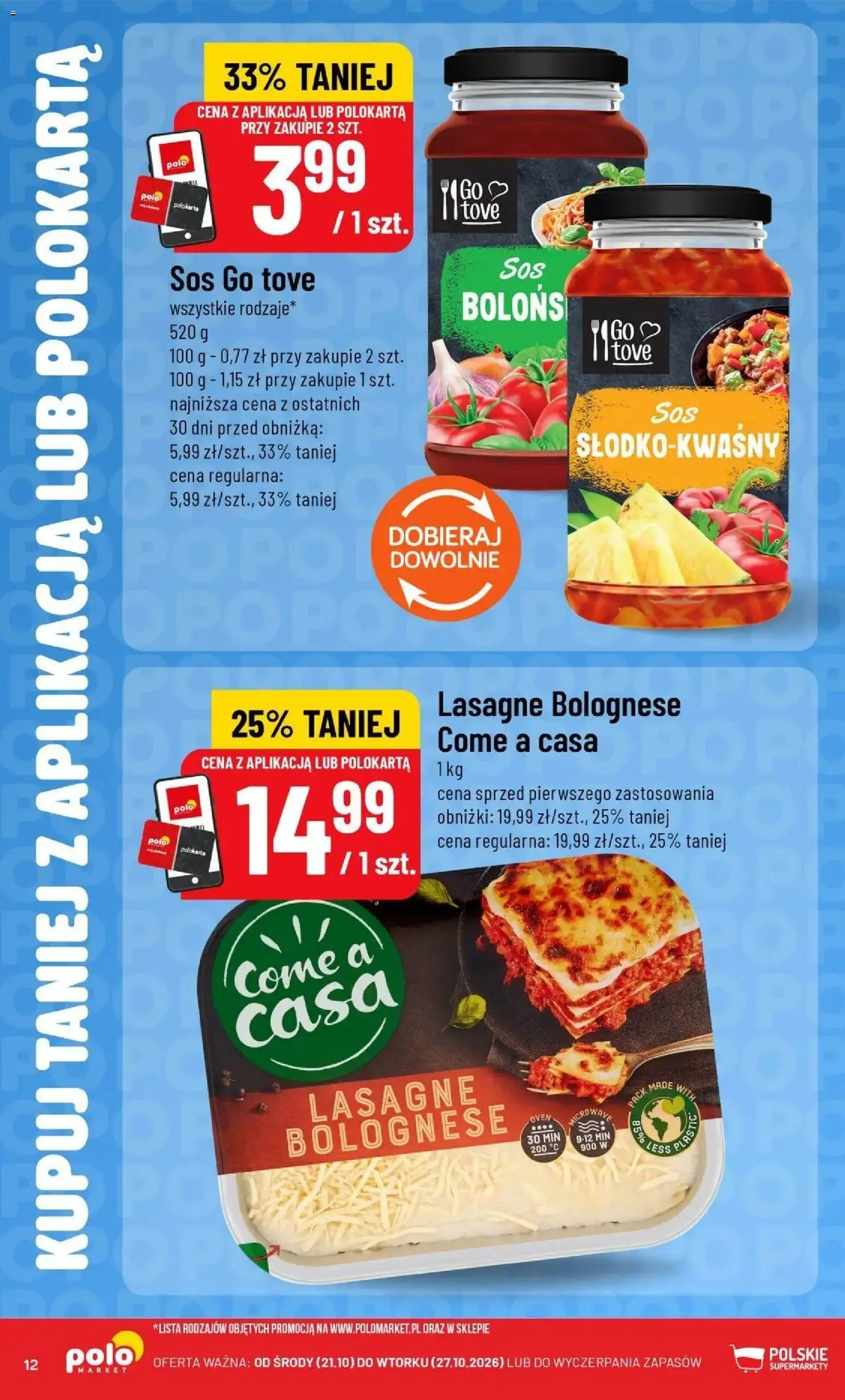 Nowa POLOmarket gazetka od jutra 21.10.2026 | Strona: 12 | Produkty: Lasagne, Lasagne bolognese, Sos