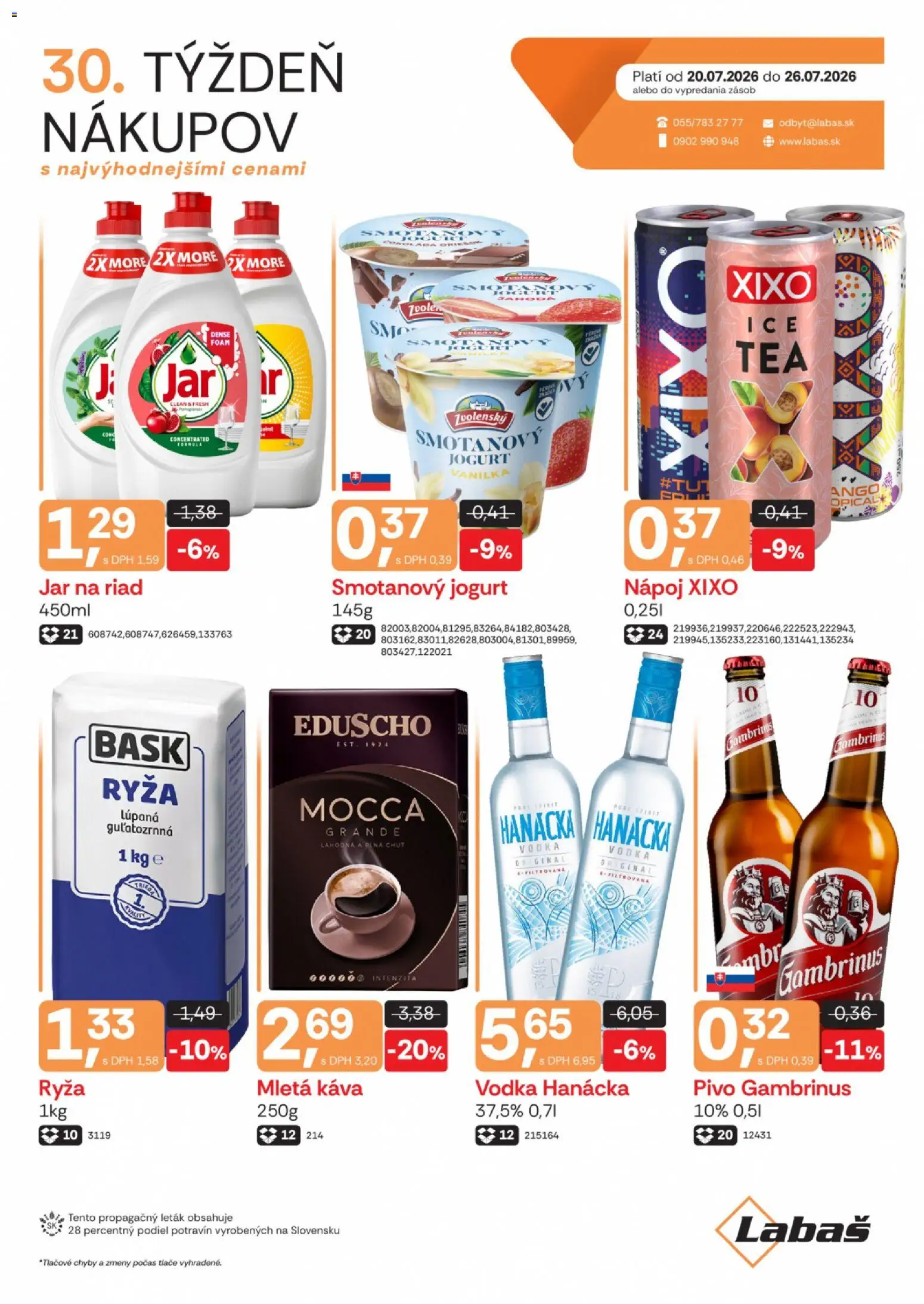 Nové Labaš akcie – leták je platný od 20.07.2026 | Strana: 1 | Produkty: Pivo, Káva, Vodka, Gambrinus