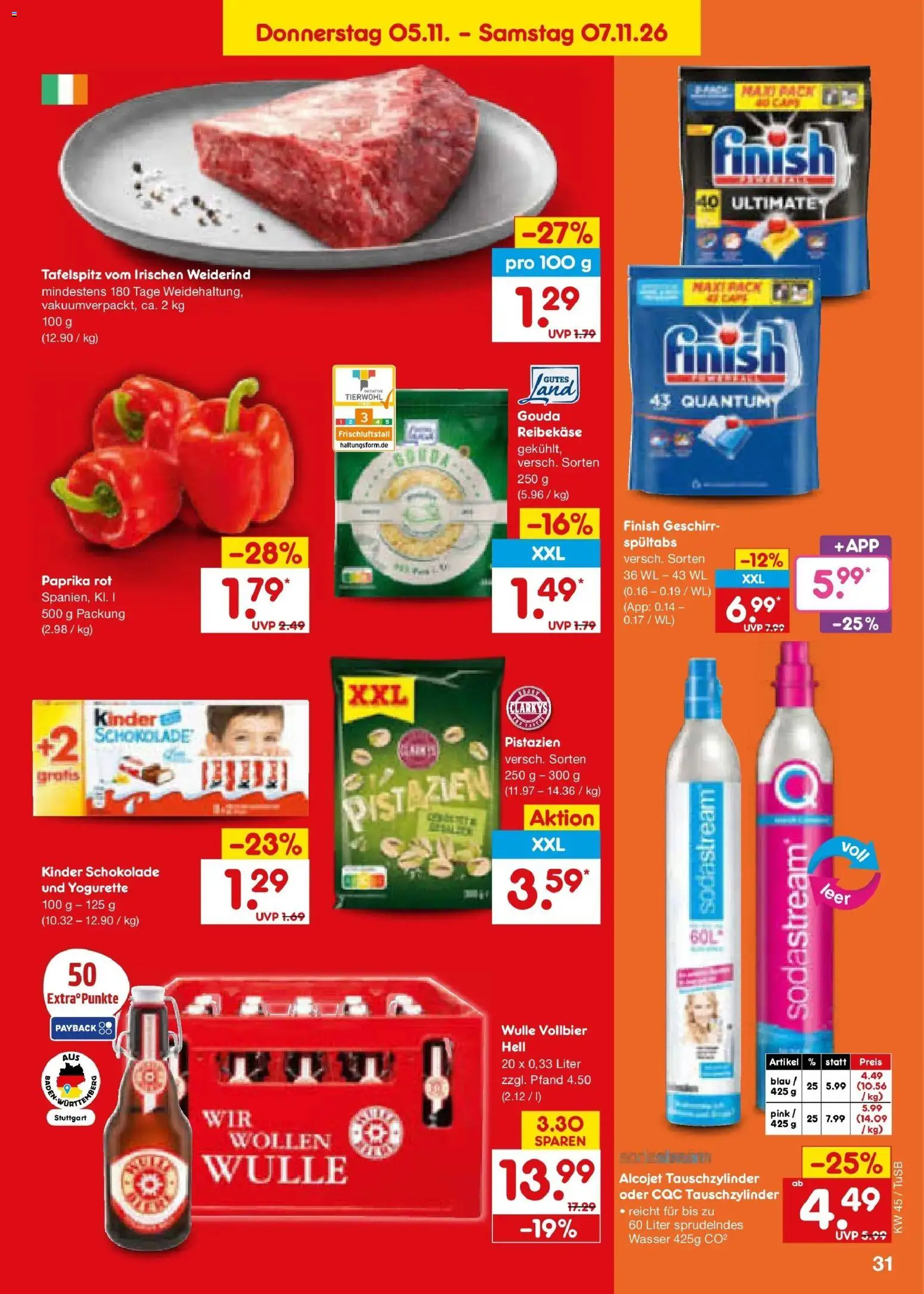 Netto Marken-Discount Prospekt Sindelfingen – gültig ab 02.11.2026 | Seite: 47 | Produkte: Paprika rot, Finish, Pistazien, Reibekase