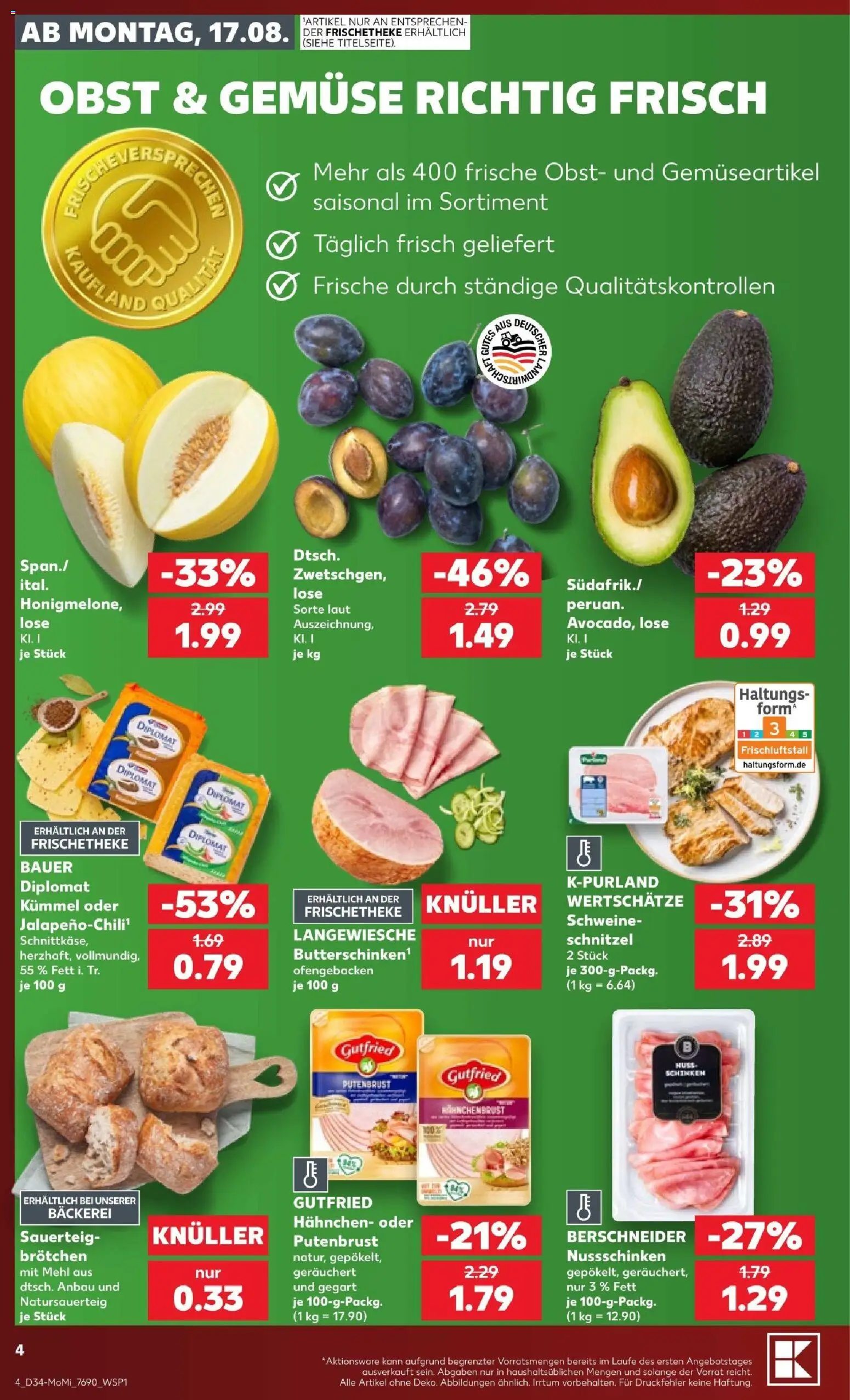 Kaufland Prospekt Speyer – gültig ab 17.08.2026 | Seite: 4 | Produkte: Hahnchen, Bäckerei, Gemüse, Schinken
