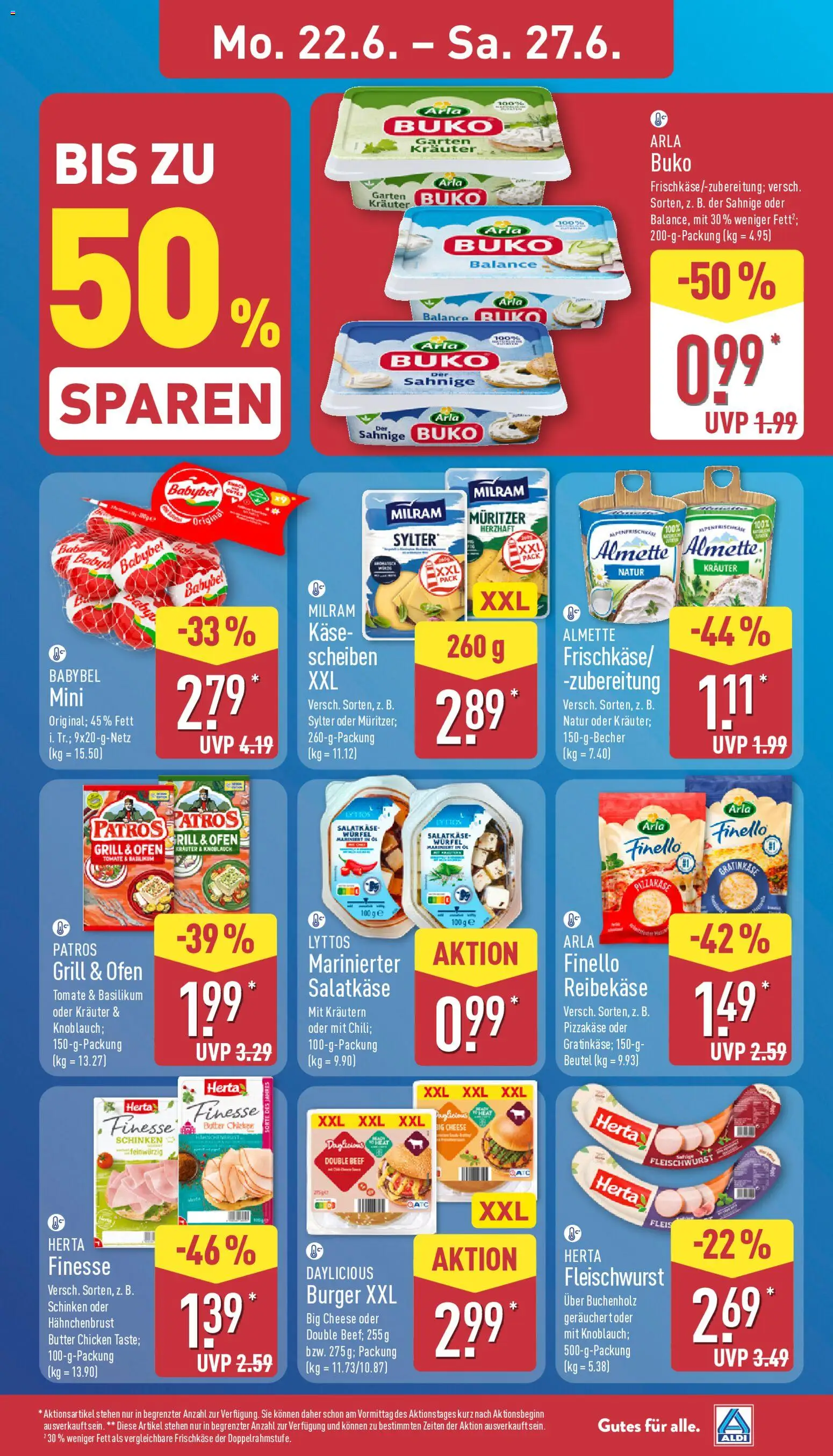 Aldi Prospekt – gültig ab 22.06.2026 | Seite: 7 | Produkte: Burger, Patros, Reibekase, Frischkase
