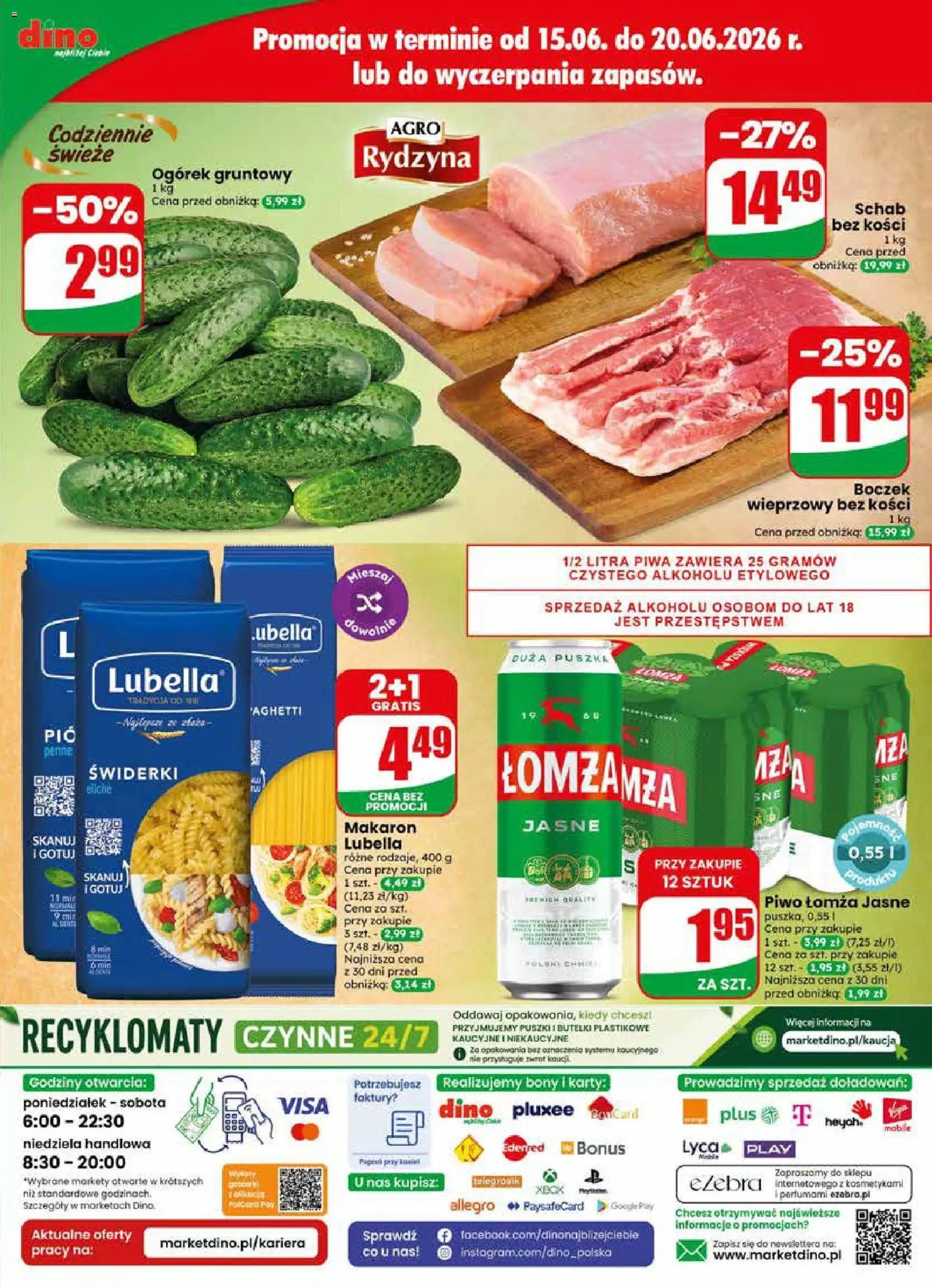Dino gazetka od 17.06.2026 | Strona: 87 | Produkty: Boczek wieprzowy, Schab bez kości, Piwo, Makaron