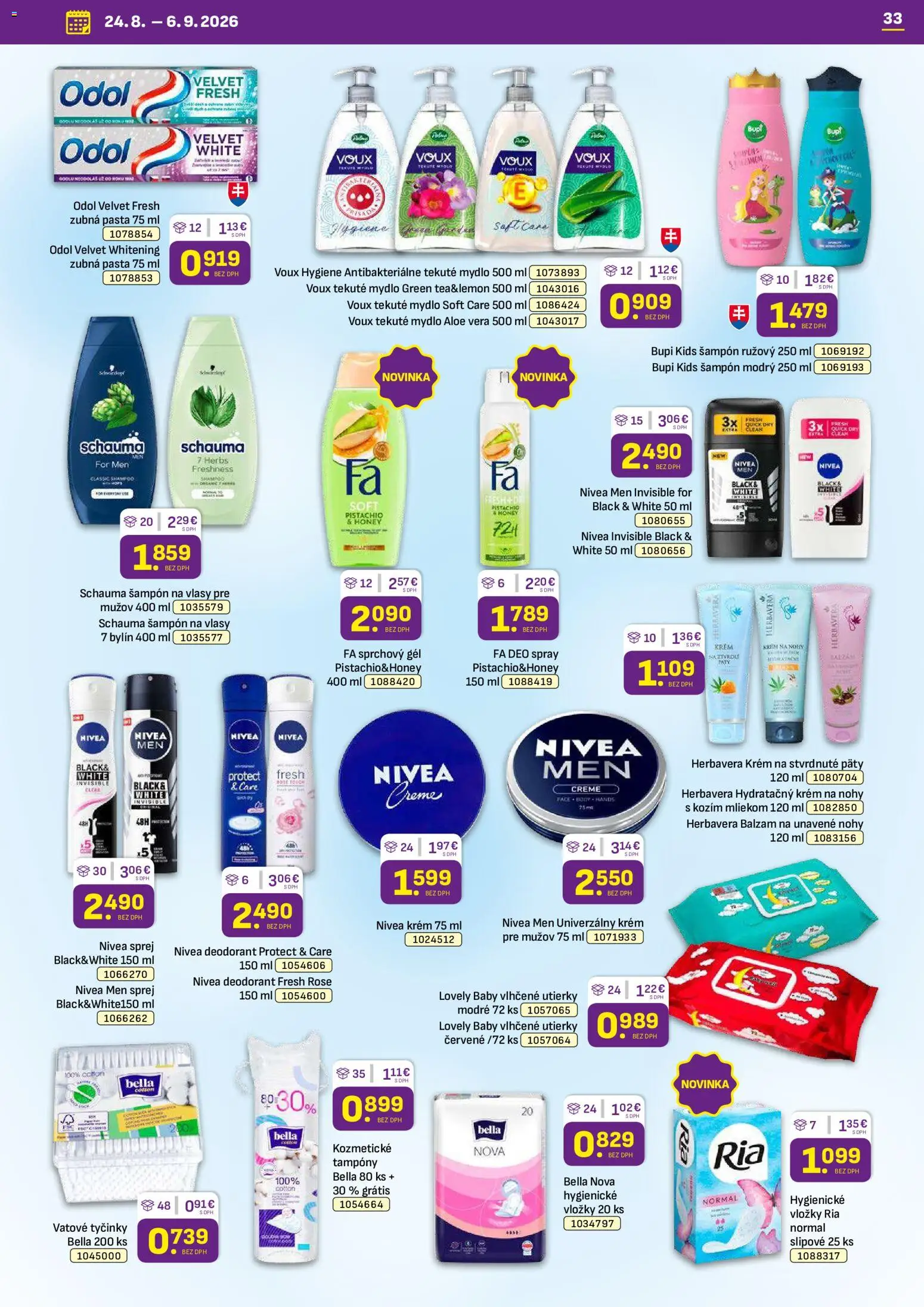 Nové Libex akcie – leták je platný od 24.08.2026 | Strana: 33 | Produkty: Aloe Vera, Sprchový gél, Krém, Utierky