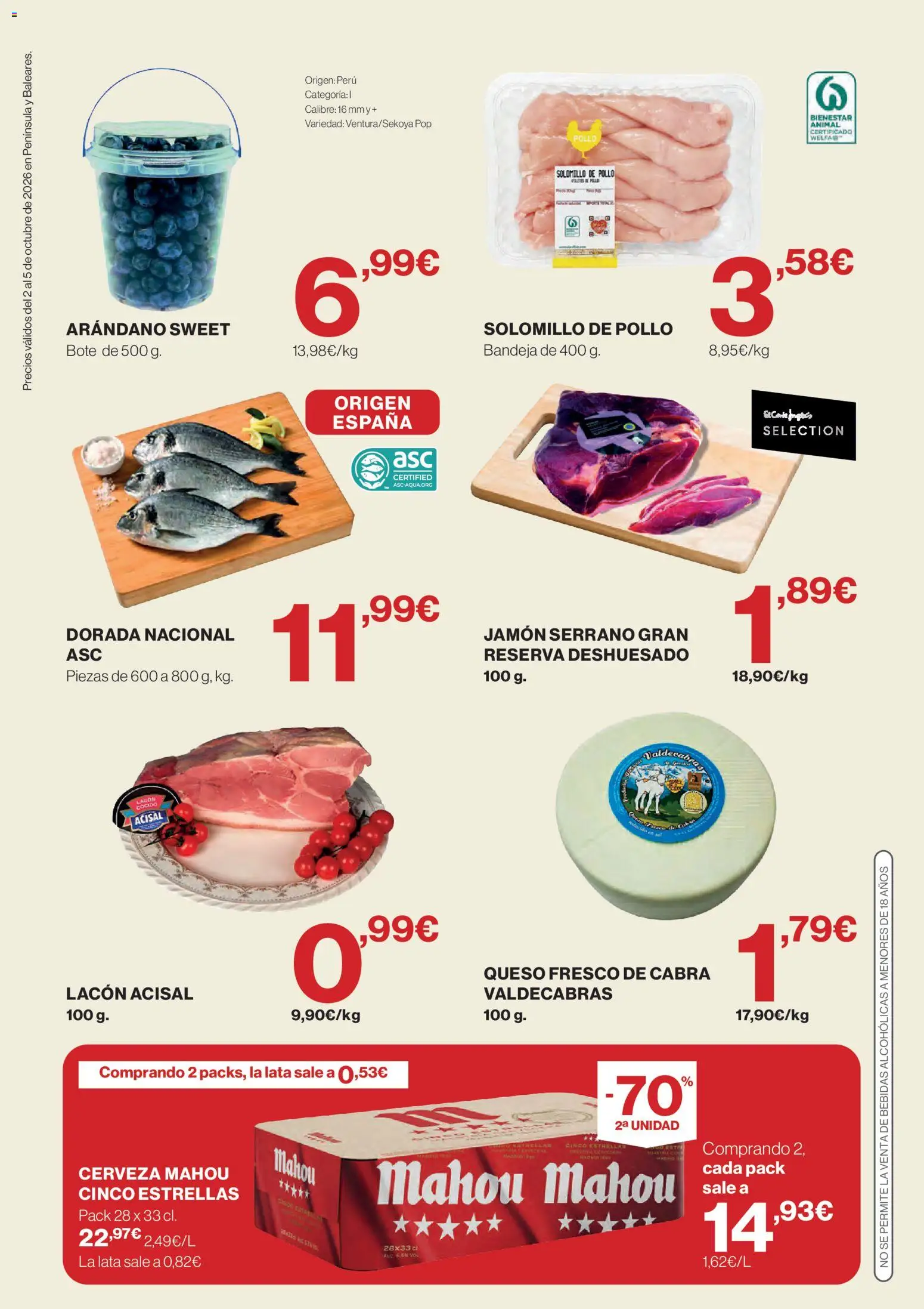 El Corte Inglés solo 3 días │ válido desde el 02/10/2026 | Página: 2 | Productos: Cerveza, Queso fresco, Bebidas, Pollo
