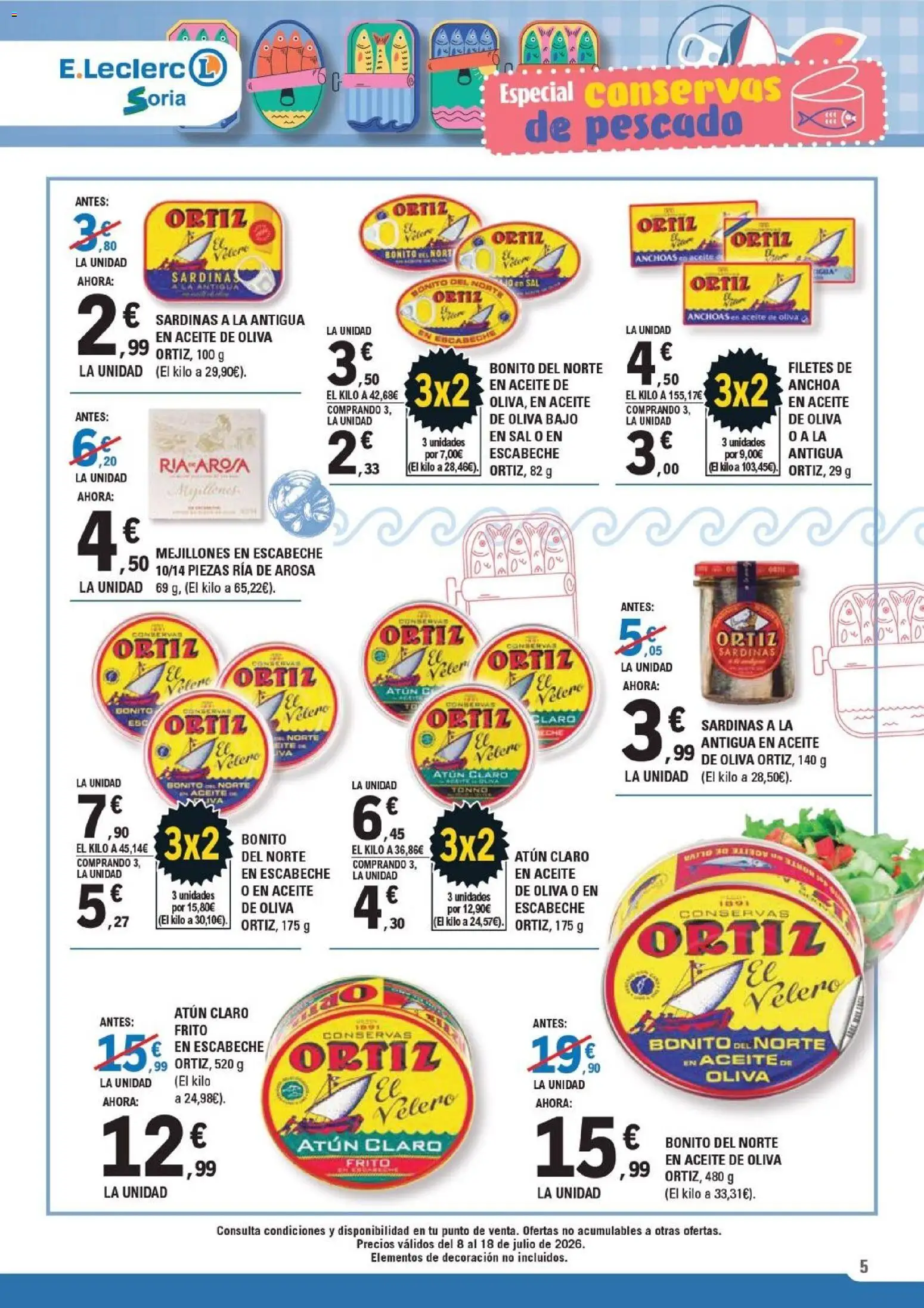 E.Leclerc folleto Soria │ válido desde el 08/07/2026 | Página: 5 | Productos: Leche, Aceite, Anchoa, Atún claro