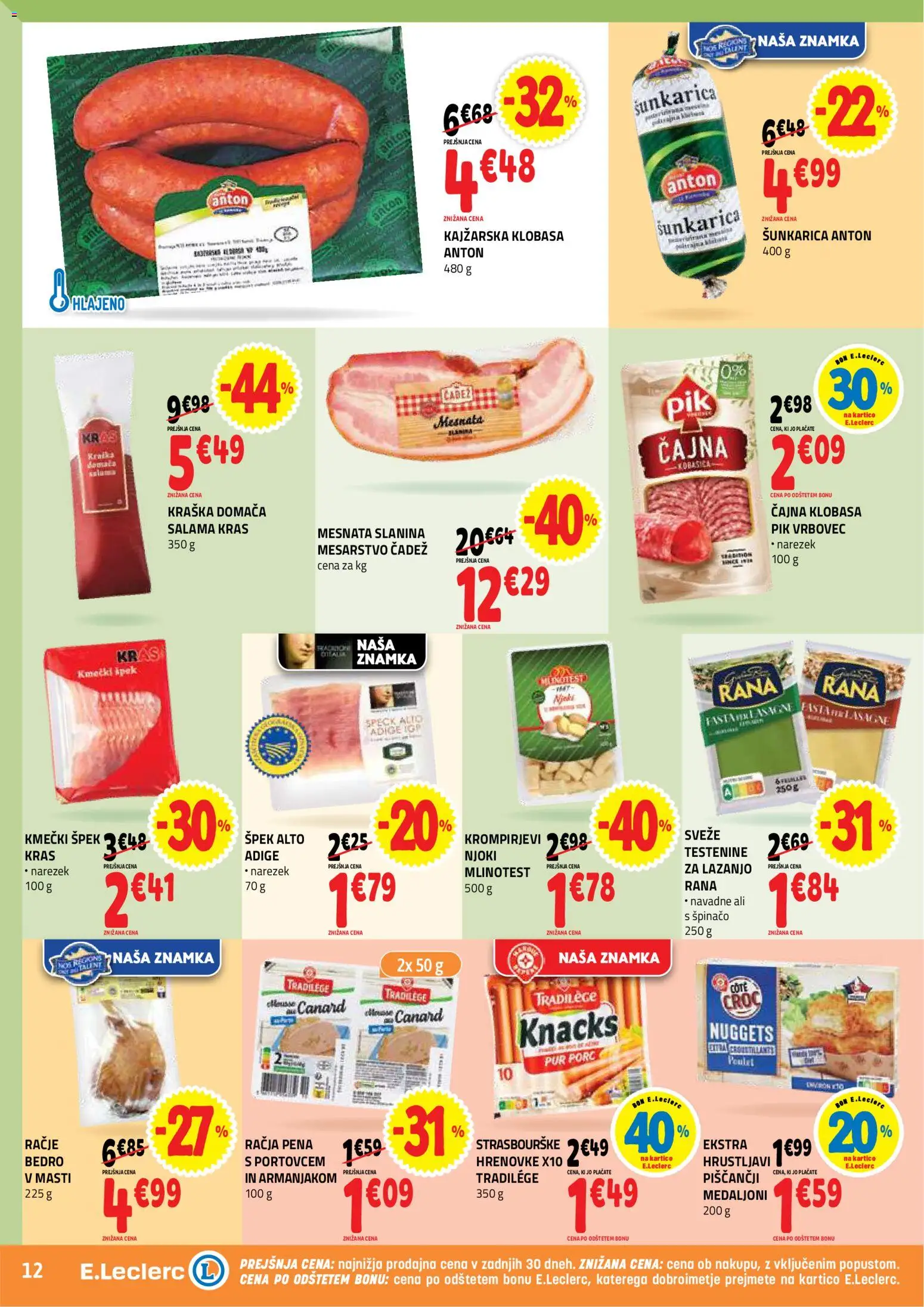 Novi E.leclerc katalog ponudbe – veljaven od 16.09.2026 | Stran: 12 | Izdelki: Hrenovke, Slanina, Njoki, Testenine