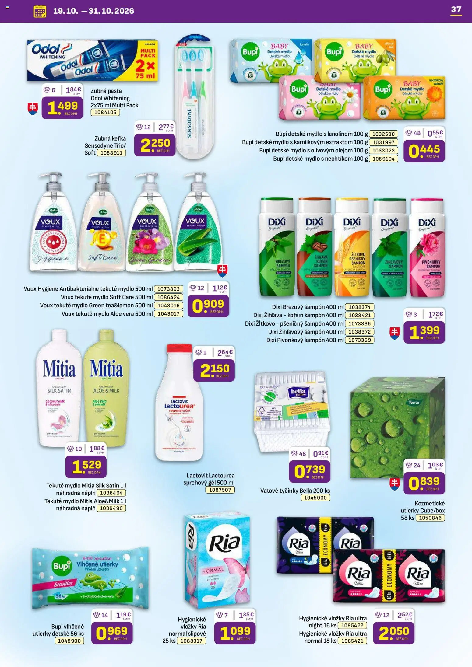 Nové Libex akcie – leták je platný od 19.10.2026 | Strana: 37 | Produkty: Zubná kefka, Šampón, Sprchový gél, Utierky