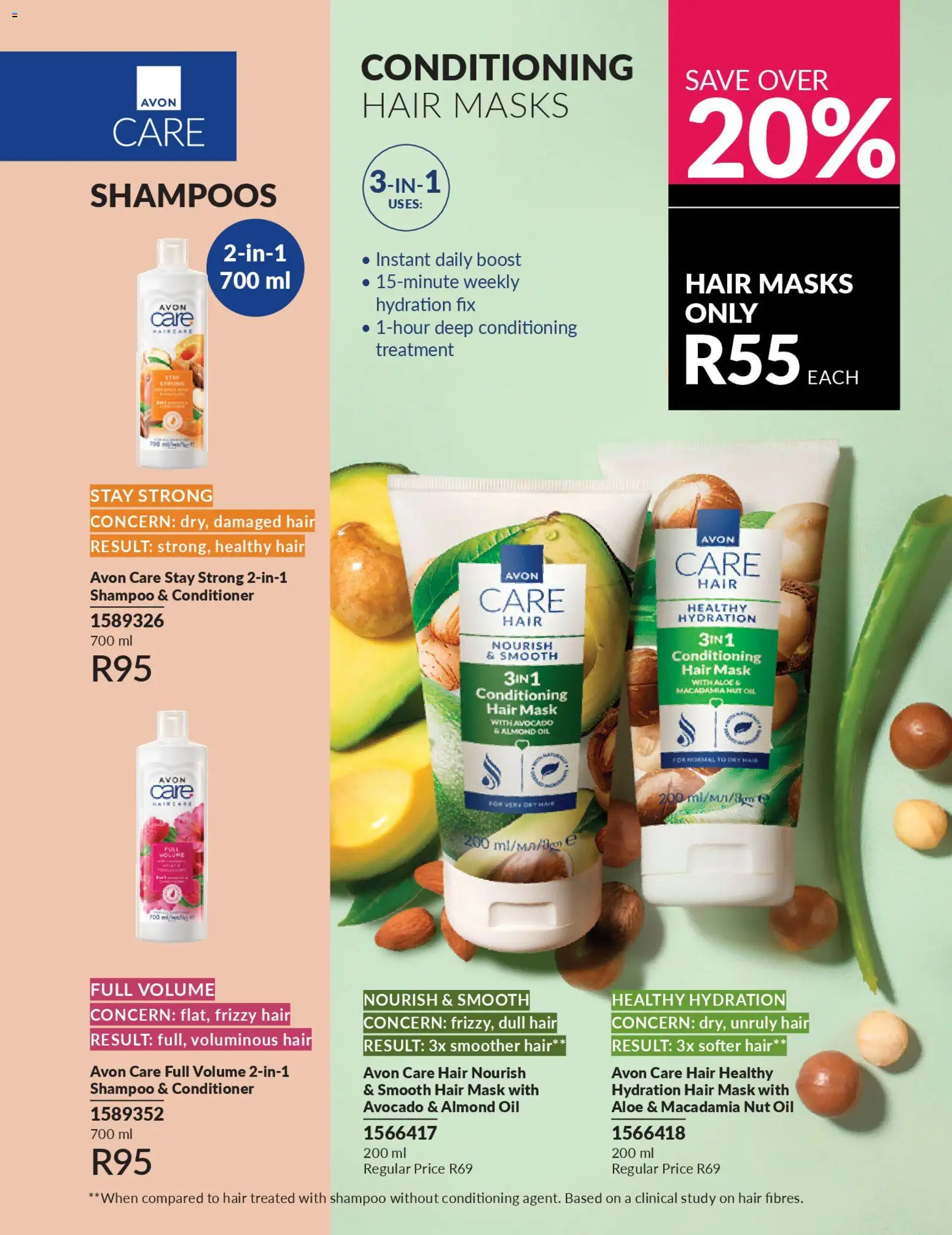 New Avon catalogue – valid from 01.04.2026 | Page: 161 | Products: Agua con gas, Shampoo, Conditioner, Mask