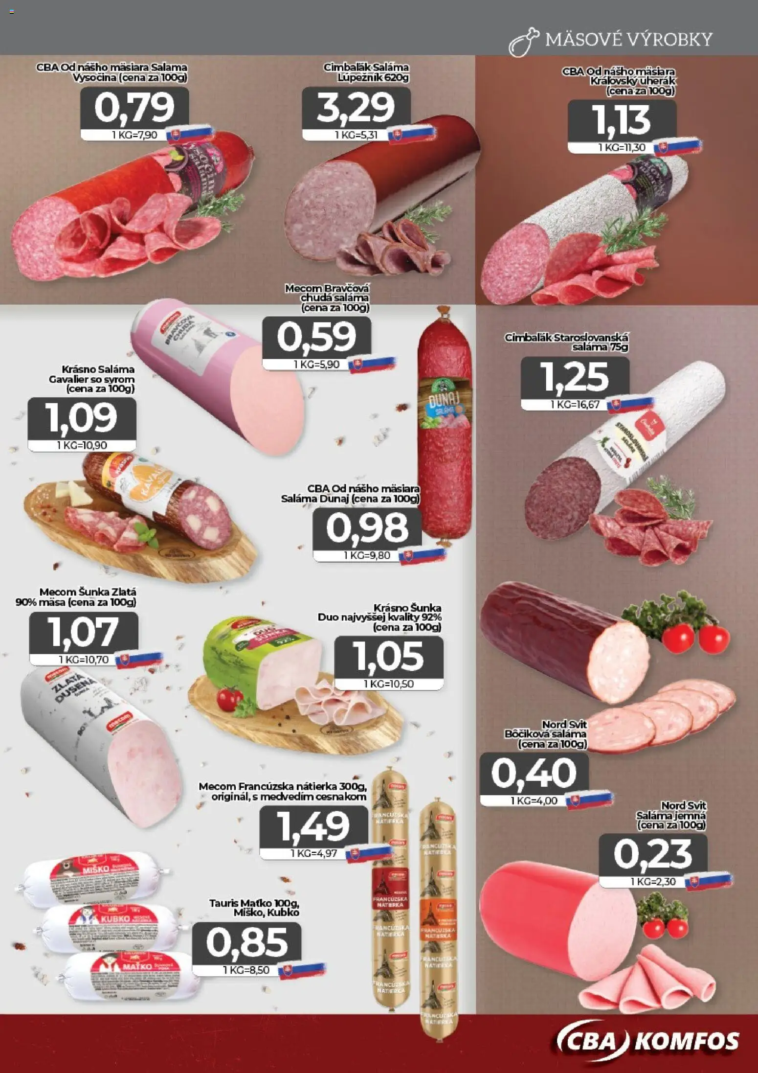 Nové CBA Komfos akcie – leták je platný od 19.06.2026 | Strana: 3 | Produkty: Saláma, Šunka