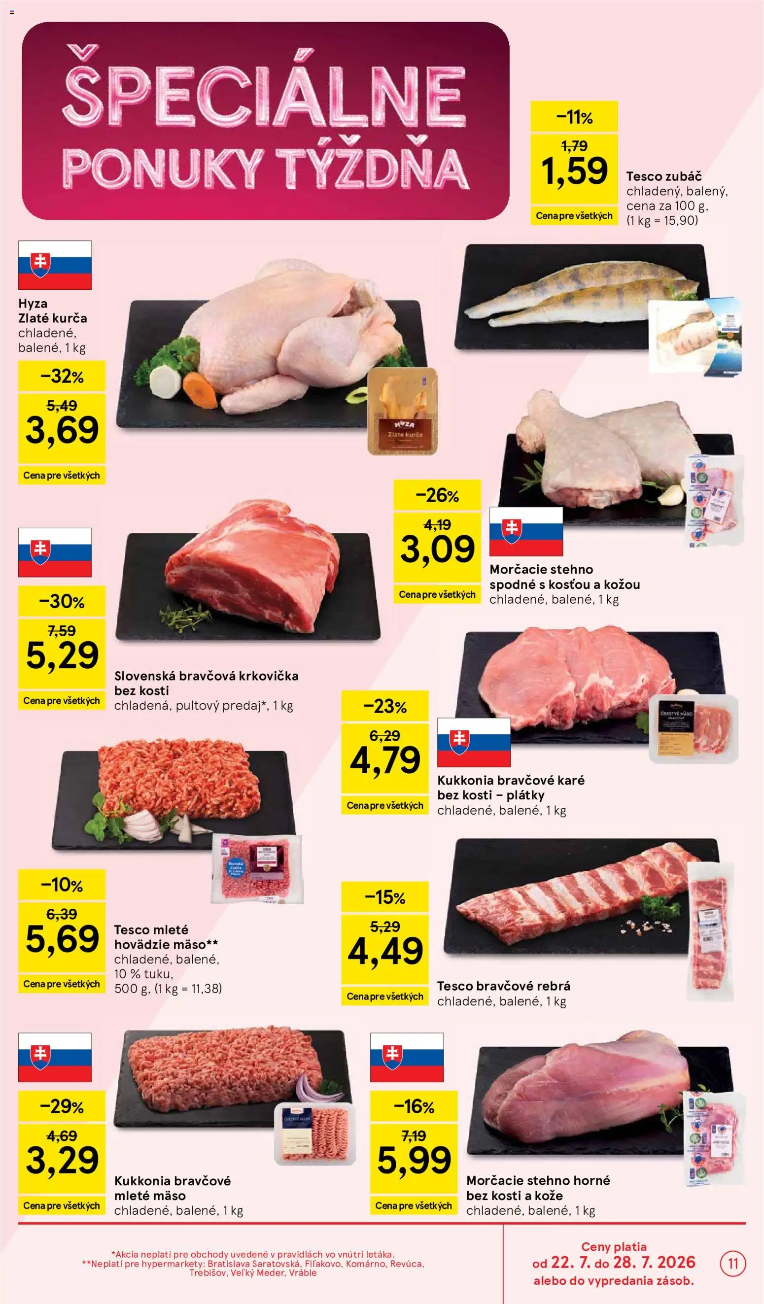 Nové Tesco akcie – leták je platný od 22.07.2026 | Strana: 11 | Produkty: Hovädzie mäso, Bravčová krkovička, Mäso, Krkovička