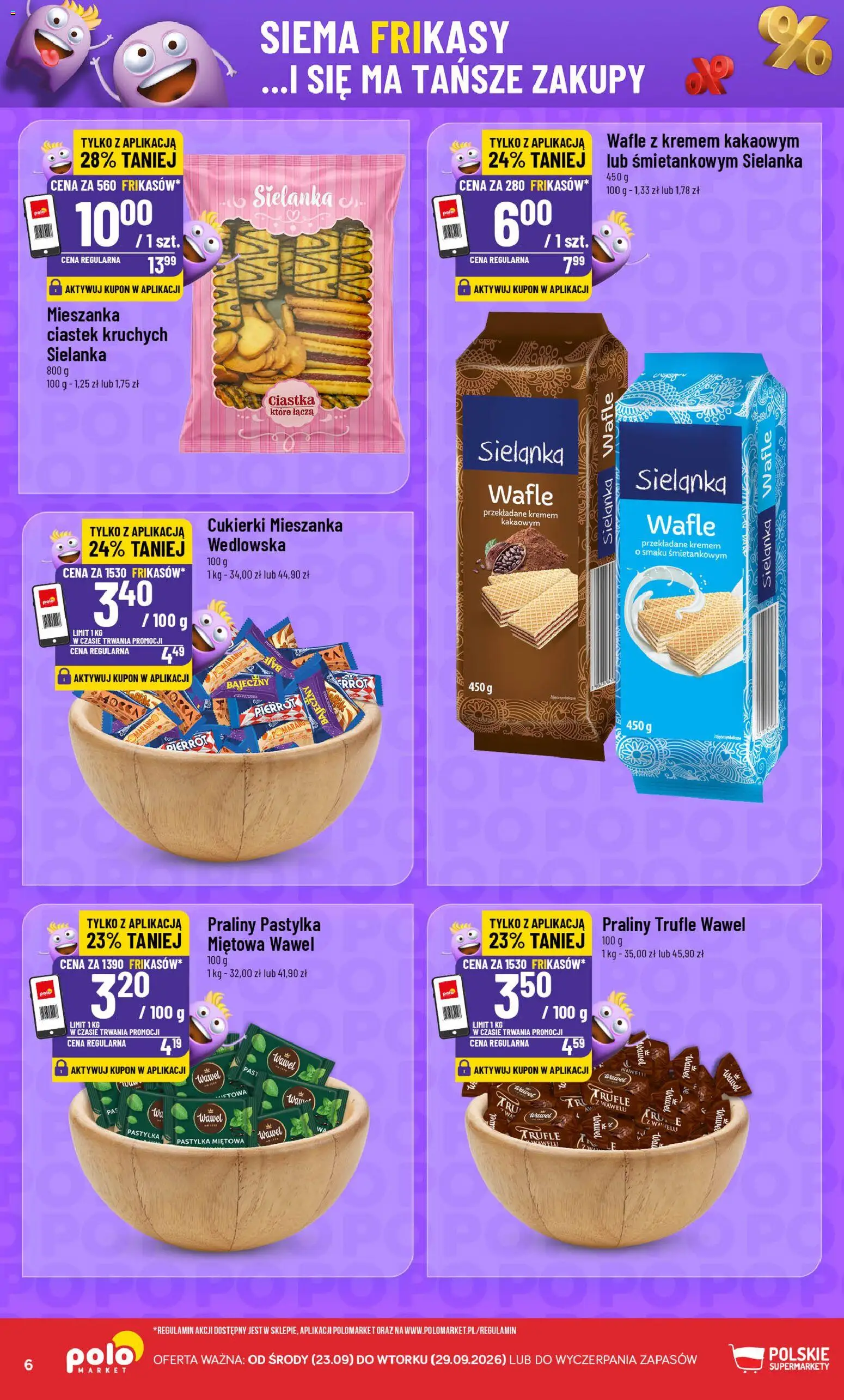 POLOmarket gazetka - Frikasowe Hity od 23.09.2026 | Strona: 6 | Produkty: Wafle, Praliny, Cukierki, Ciastka