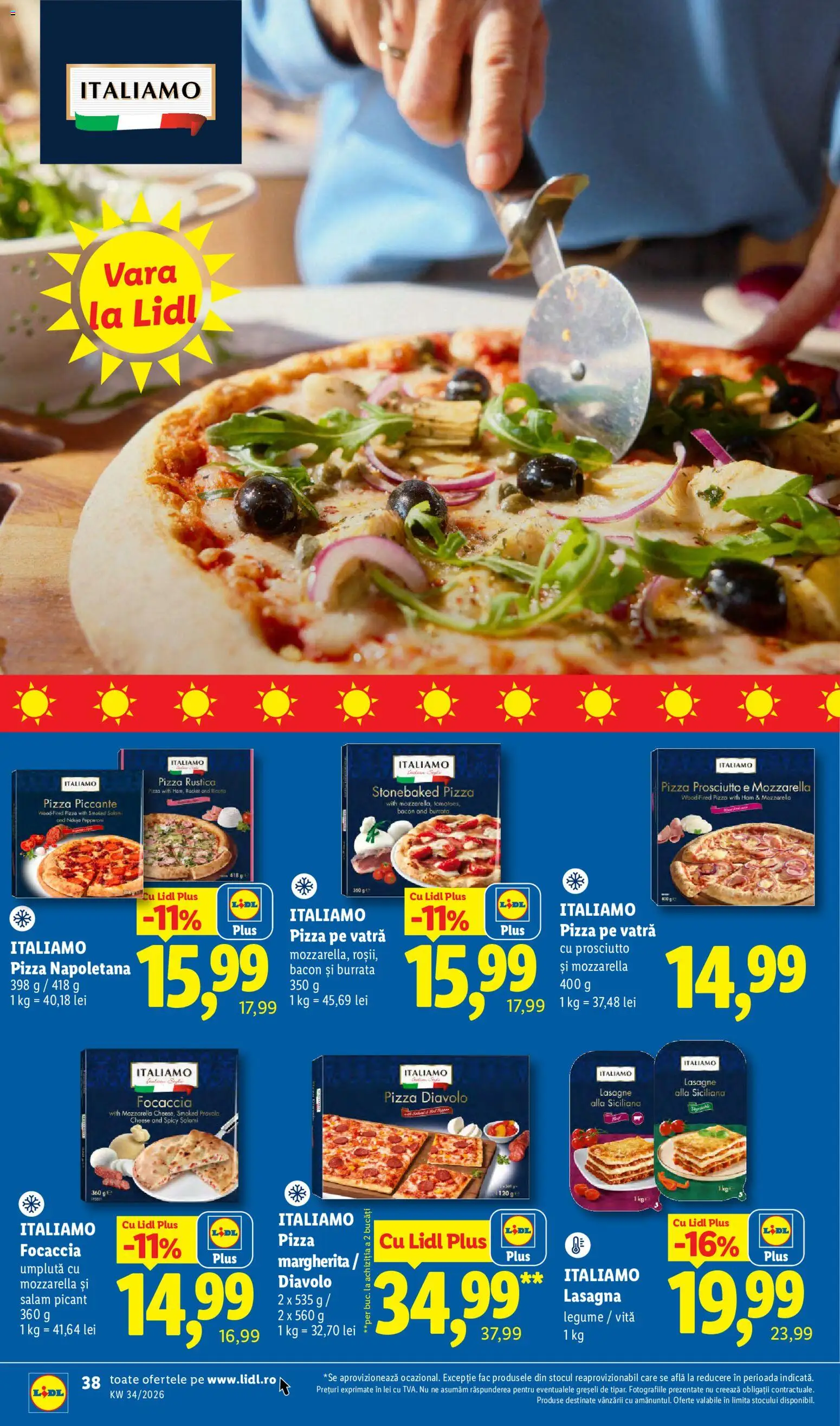 Noul catalog Lidl – valabil de la 17.08.2026 | Pagină: 38 | Produse: Burrata, Lasagna, Pizza, Italiamo