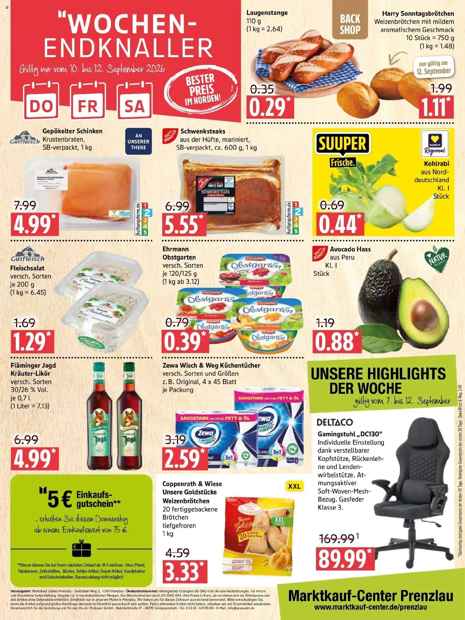 Marktkauf Prospekt Prenzlau (ab 07.09.2026) » Angebote online | Seite: 12 | Produkte: Theke, Zewa, Gamingstuhl, Schinken