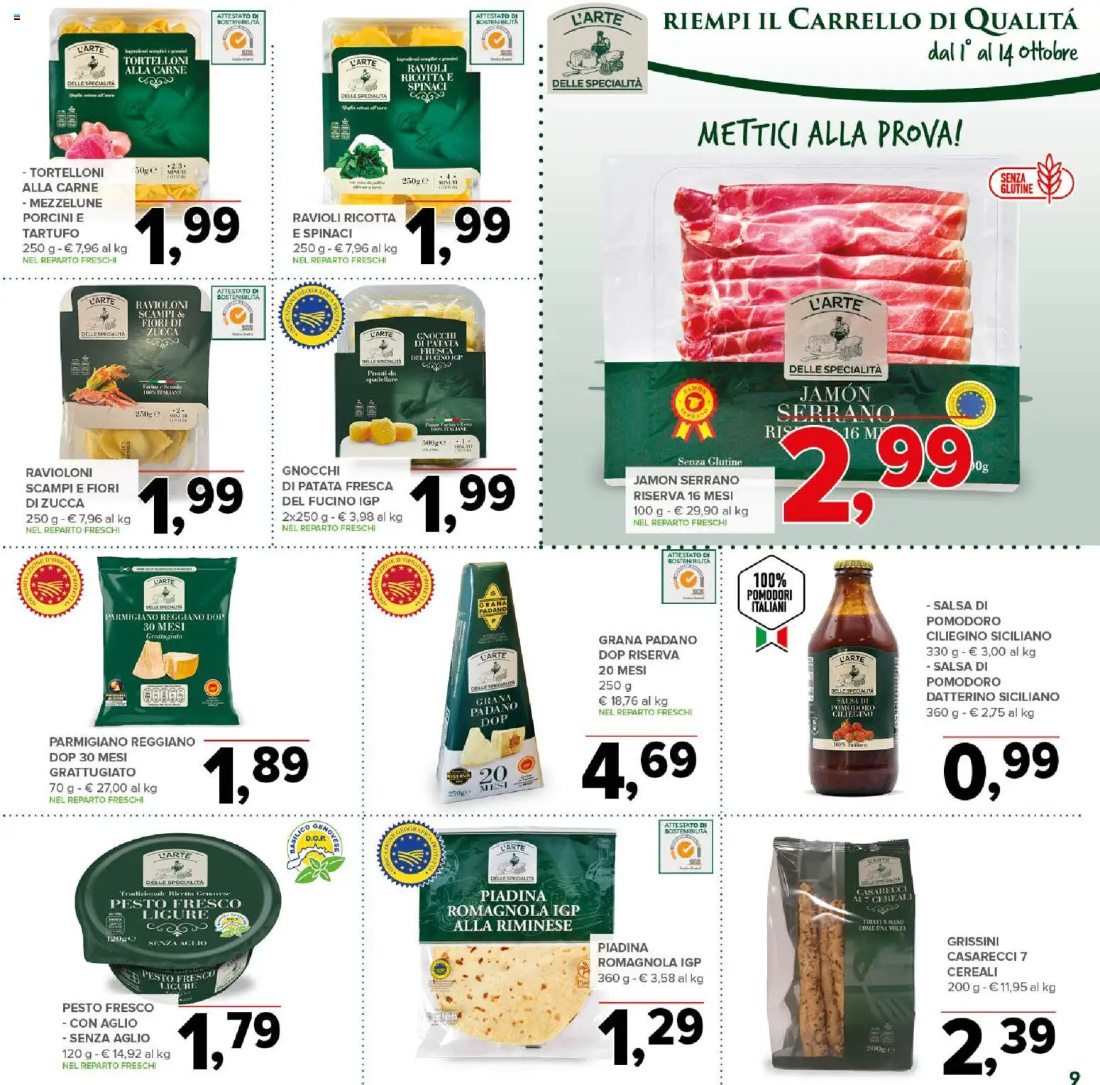 Volantino Todis del 01/10/2026 | Pagina: 9 | Prodotti: Spinaci, Grana Padano, Fiori, Grissini