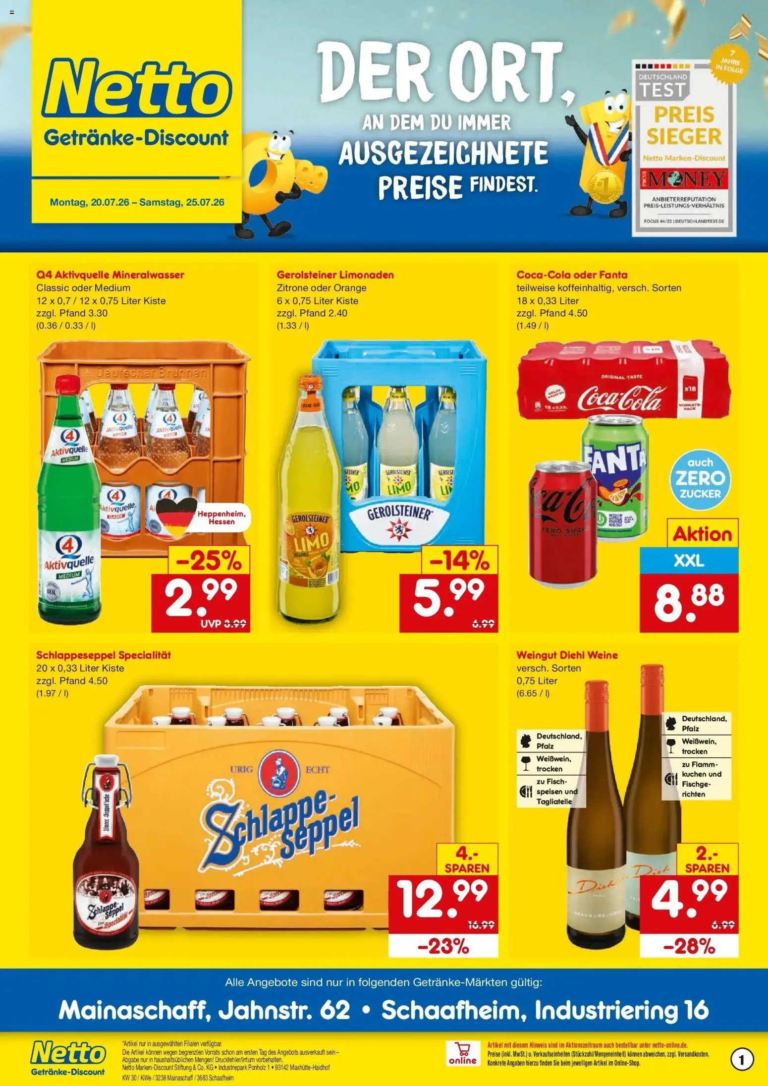 Netto Marken-Discount Prospekt Mainaschaff – gültig ab 20.07.2026 | Seite: 1 | Produkte: Coca cola, Cola, Fisch, Kuchen