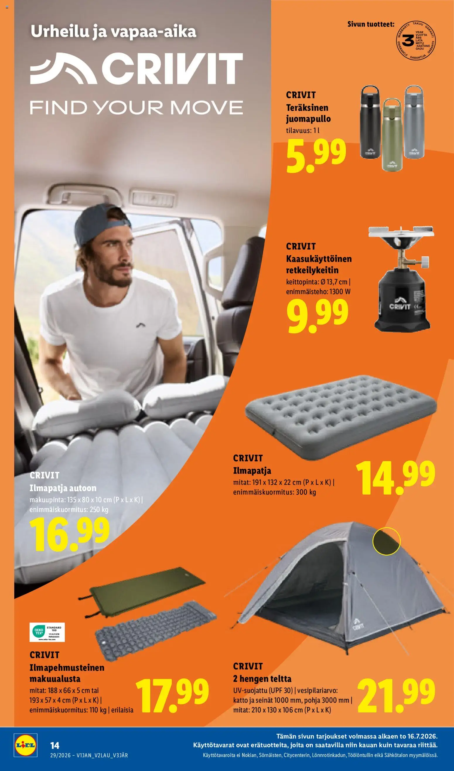 Lidl tarjoukset – voimassa 16/07/2026 alkaen | Sivu: 20 | Tuotteet: Ilmapatja, Makuualusta, Teltta