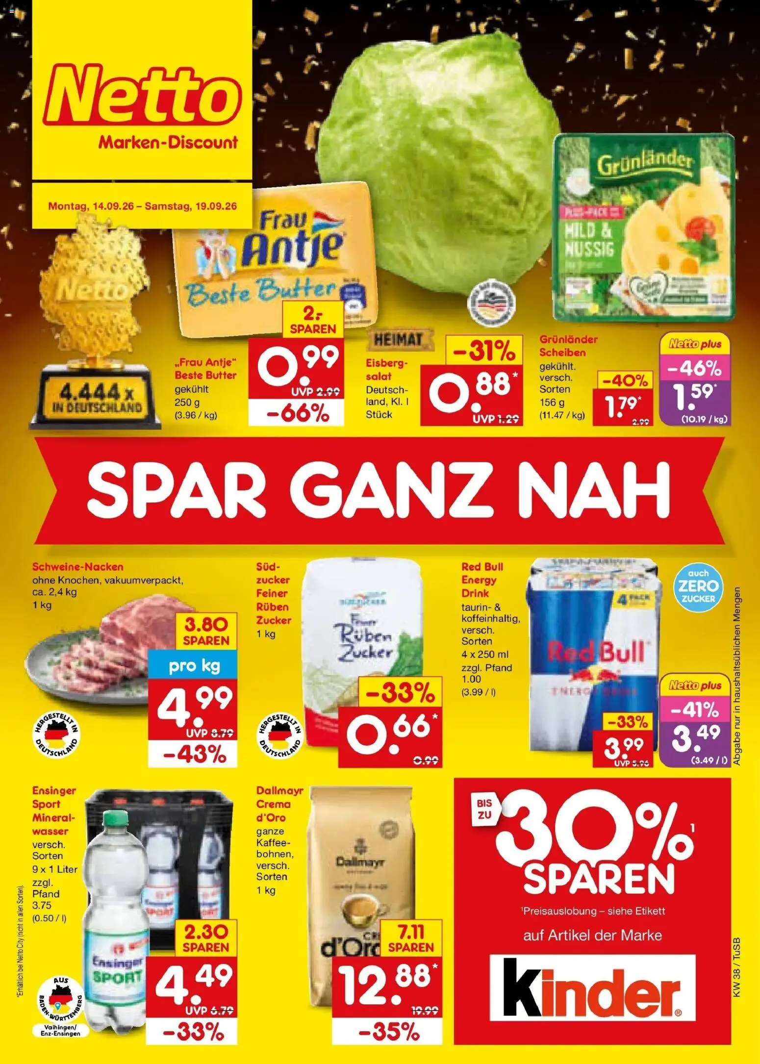Netto Marken-Discount Prospekt Sindelfingen – gültig ab 14.09.2026 | Seite: 1 | Produkte: Kaffee, Schweinenacken, Dallmayr, Zucker