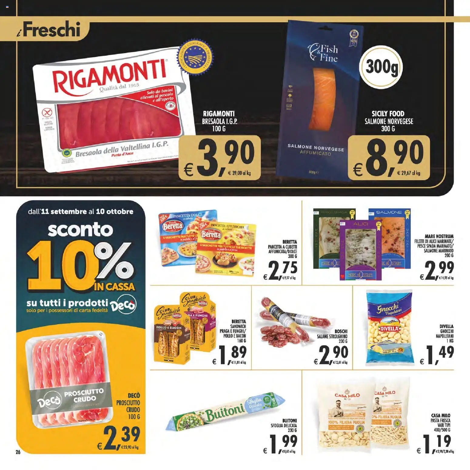 Volantino Decò del 22/09/2026 | Pagina: 26 | Prodotti: Salame, Divella, Gnocchi, Pesce spada