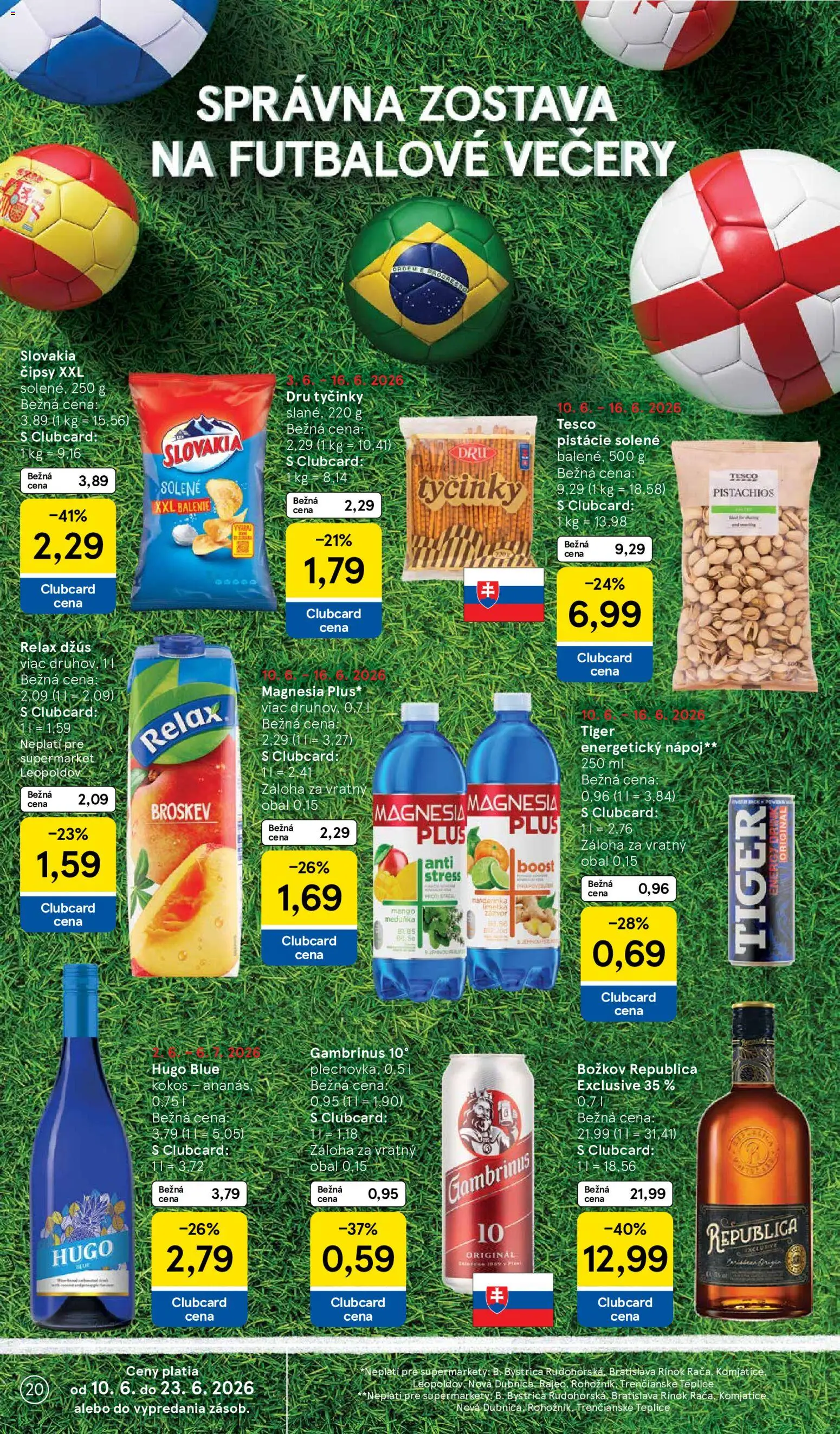 Nové Tesco akcie – leták je platný od 10.06.2026 | Strana: 20 | Produkty: Džús, Rum, Pistácie, Energetický nápoj