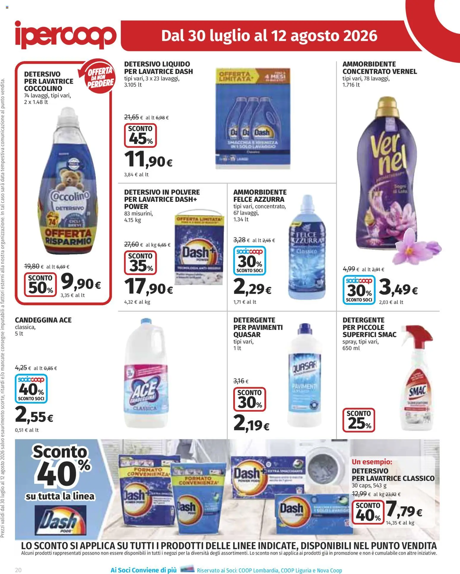 Volantino Ipercoop del 30/07/2026 | Pagina: 20 | Prodotti: Detersivo in polvere, Ammorbidente, Detergente, Candeggina