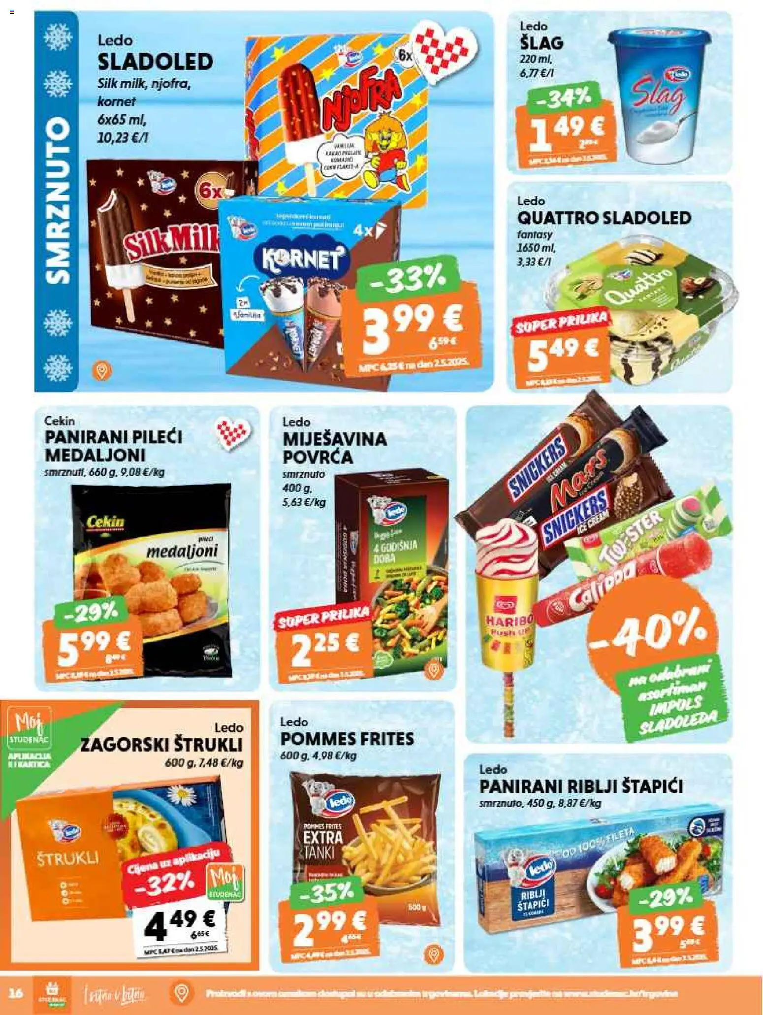 Studenac katalog | vrijedi od 09.09.2026 | Stranica: 16 | Proizvodi: Riblji štapići, Snickers, Sladoled, Štapići