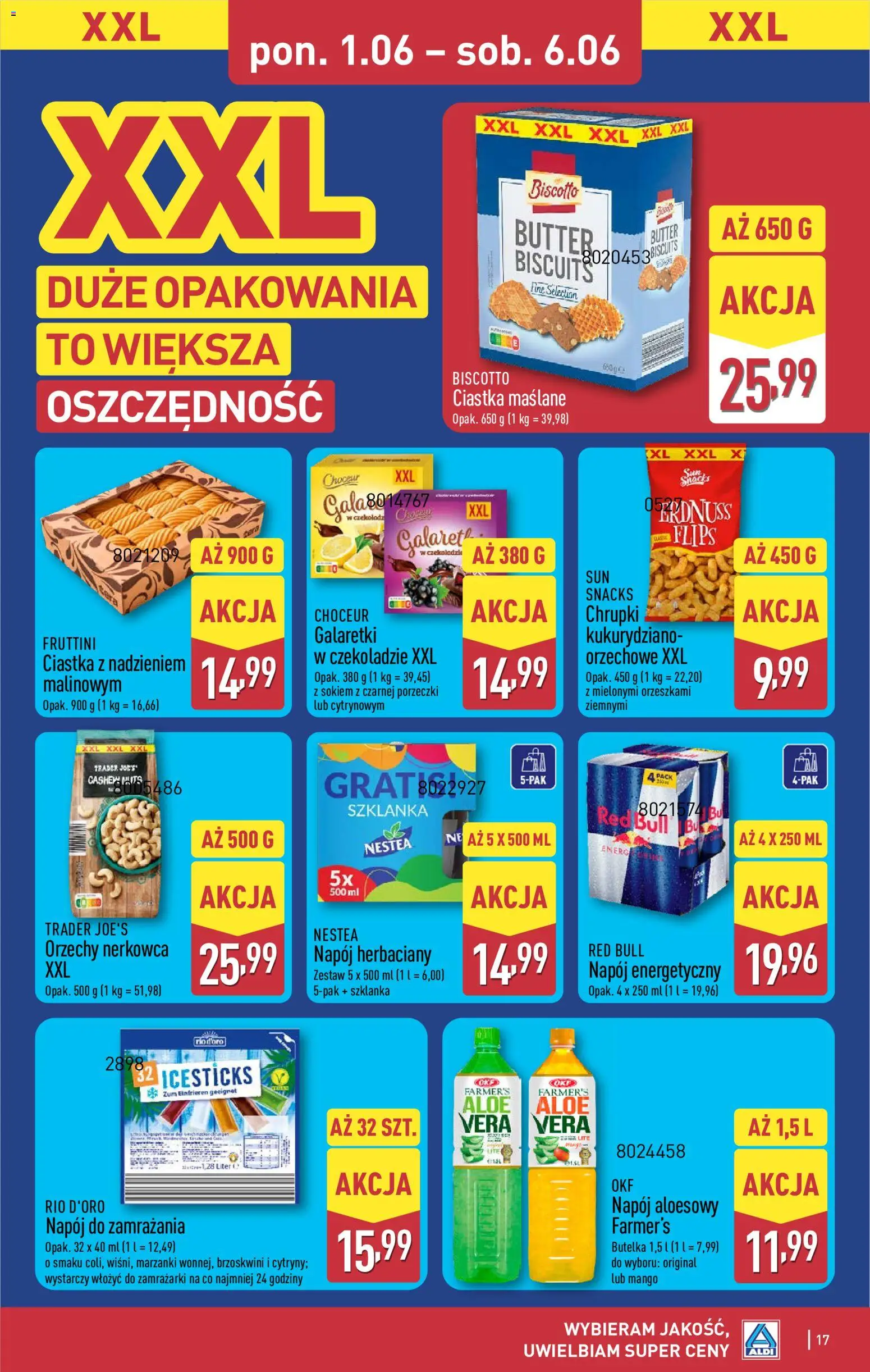 Aldi gazetka od 01.06.2026 | Strona: 17 | Produkty: Mango, Galaretki, Red bull, Napój aloesowy