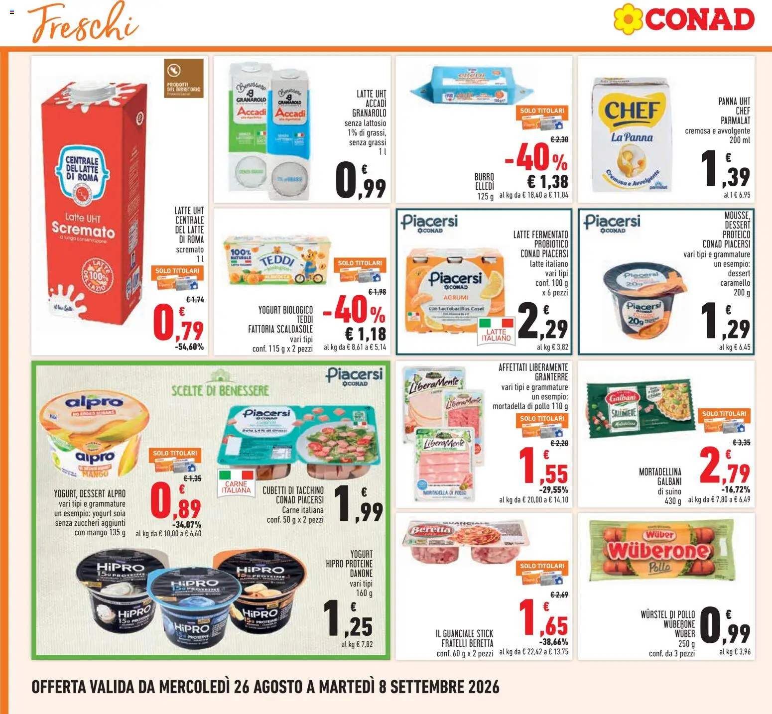 Volantino Conad del 26/08/2026 | Pagina: 12 | Prodotti: Pollo, Carne, Dessert, Senza lattosio
