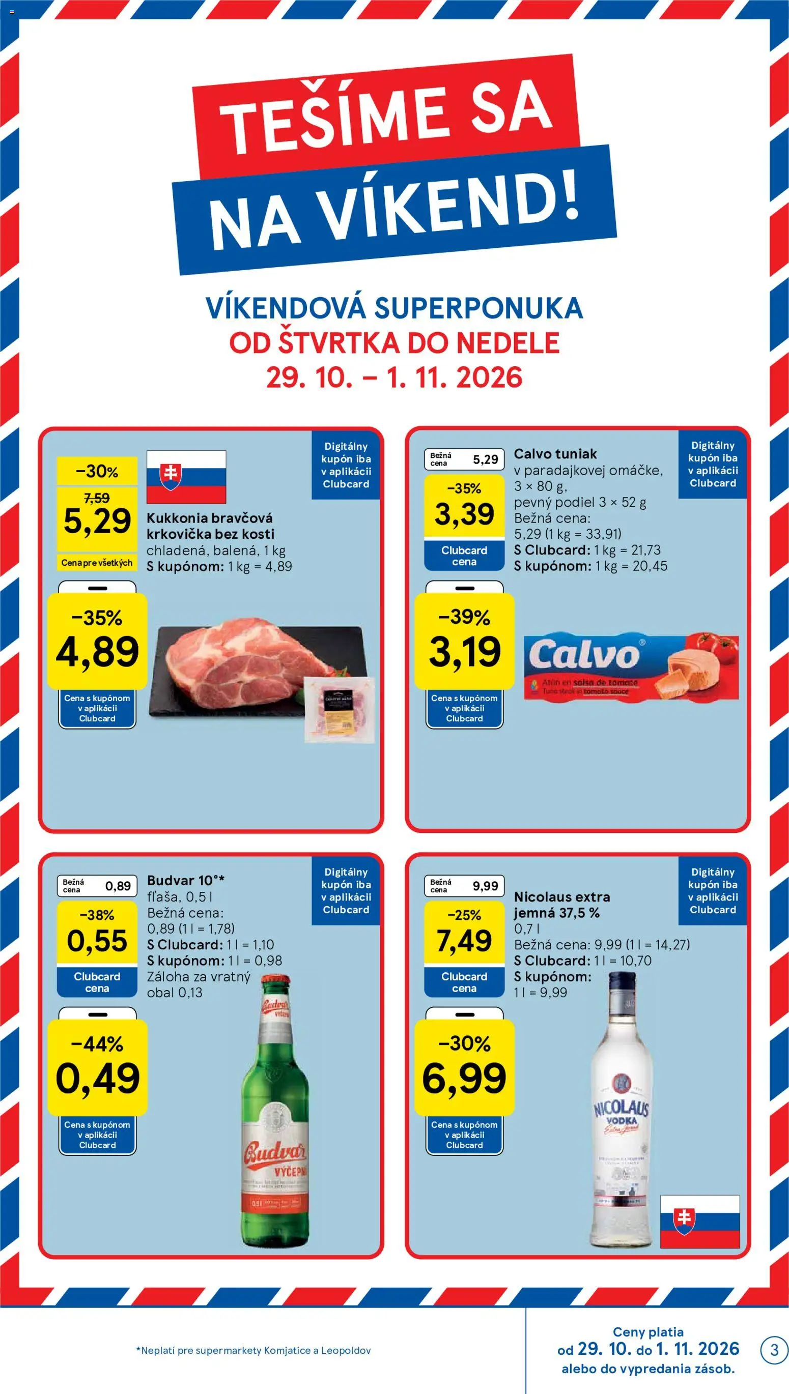 Nové Tesco akcie – leták je platný od 28.10.2026 | Strana: 3 | Produkty: Tuniak, Budvar, Krkovička, Vodka
