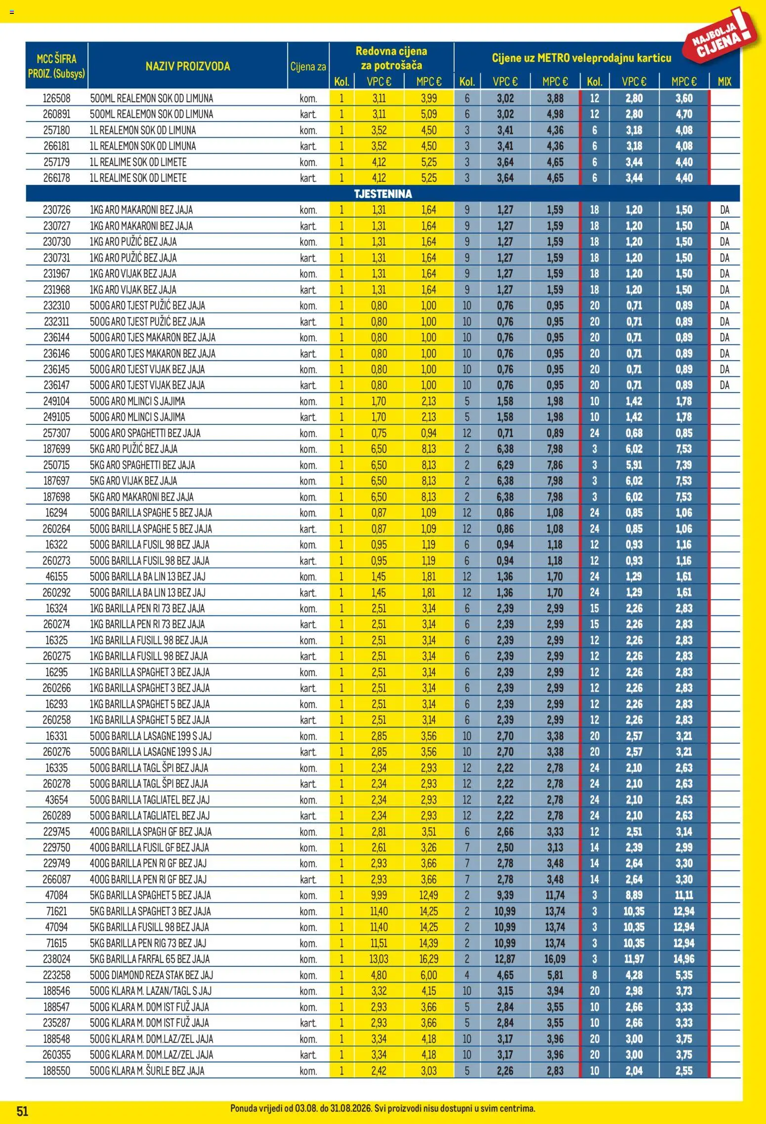 Metro katalog | vrijedi od 03.08.2026 | Stranica: 51 | Proizvodi: Jaja, Sok, Mlinci, Barilla