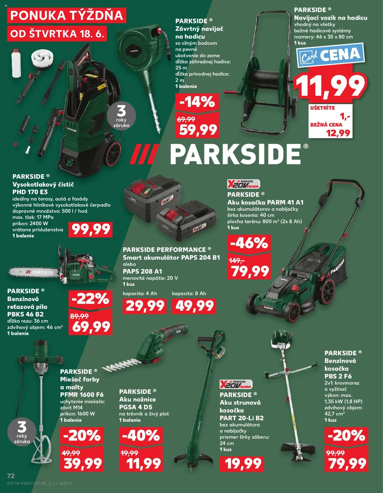 Nové Kaufland akcie – leták je platný od 18.06.2026 | Strana: 72 | Produkty: Krovinorez, Aku kosačka, Reťazová píla, Kosačka