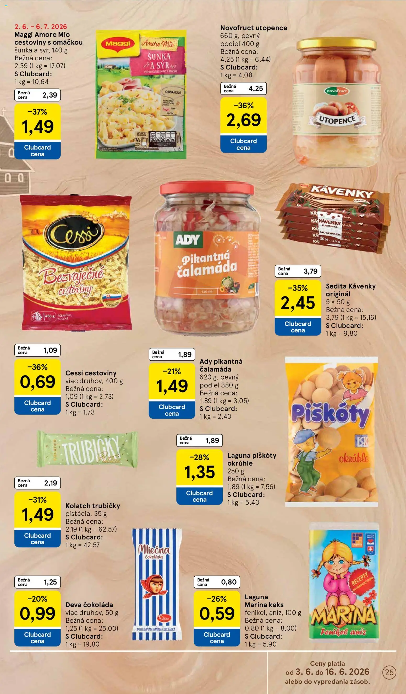 Nové Tesco akcie – leták je platný od 03.06.2026 | Strana: 25 | Produkty: Piškóty, Šunka, Cestoviny, Čokoláda