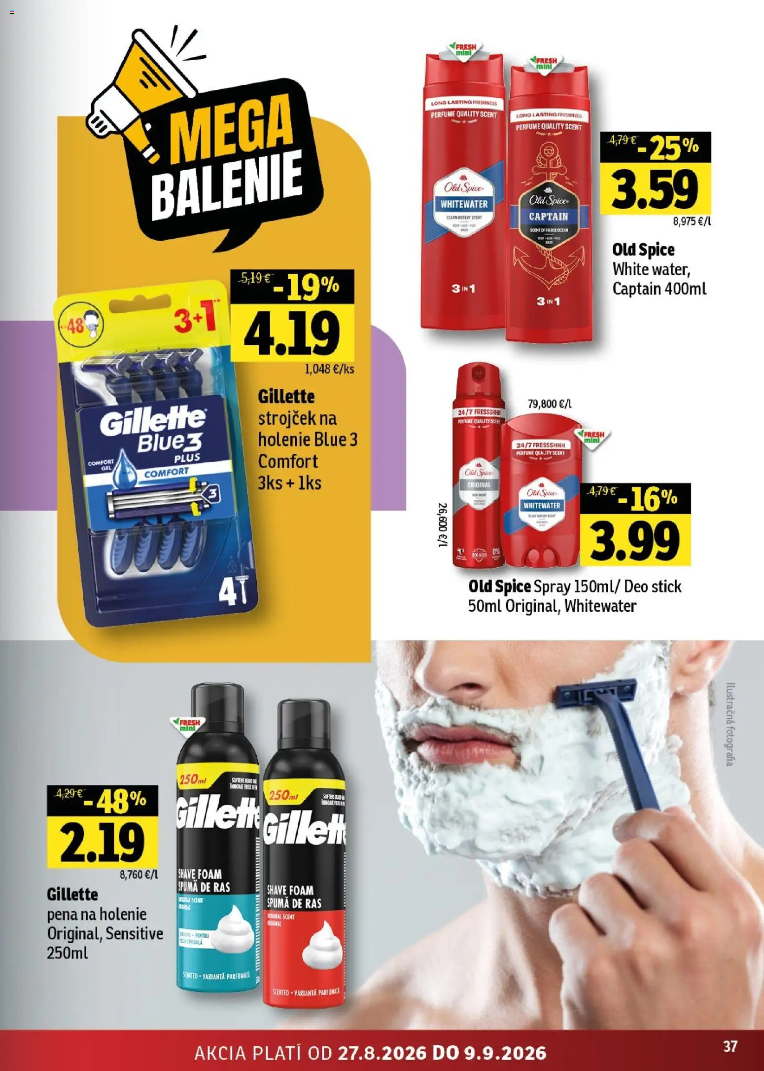 Nové Fresh akcie – leták je platný od 27.08.2026 | Strana: 37 | Produkty: Strojček, Old Spice, Pena