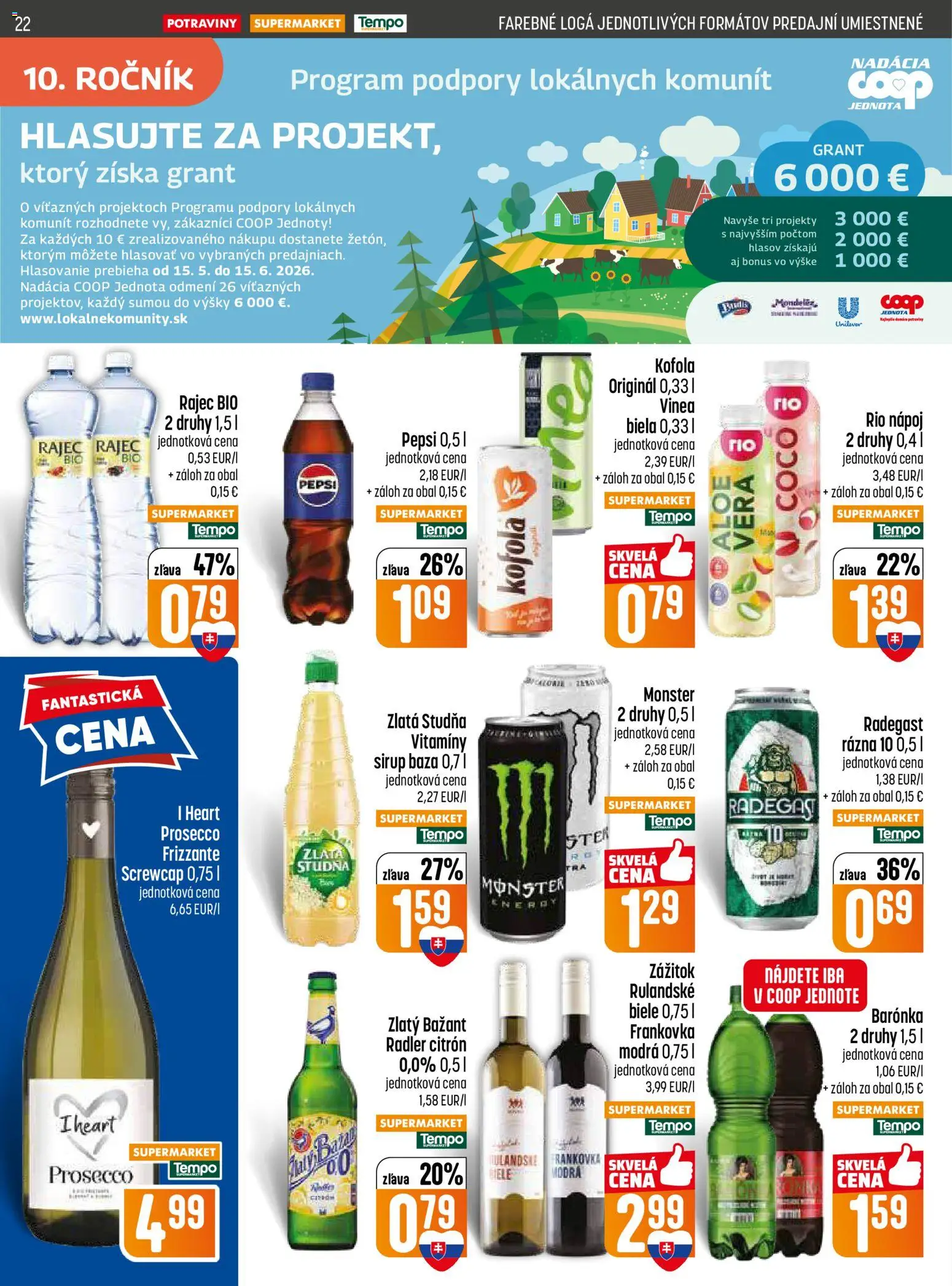 Nové COOP Jednota akcie – leták je platný od 28.05.2026 | Strana: 22 | Produkty: Radegast, Rajec, Pepsi, Vinea