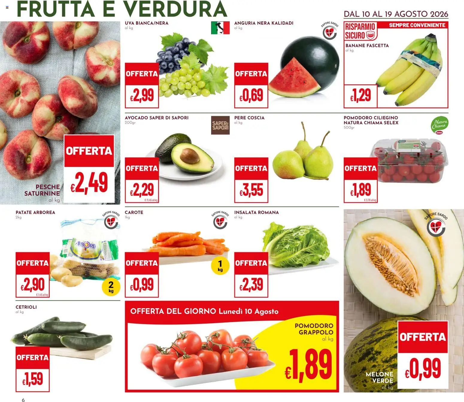 Volantino Pan del 10/08/2026 | Pagina: 6 | Prodotti: Banane, Cetrioli, Pomodoro, Carote