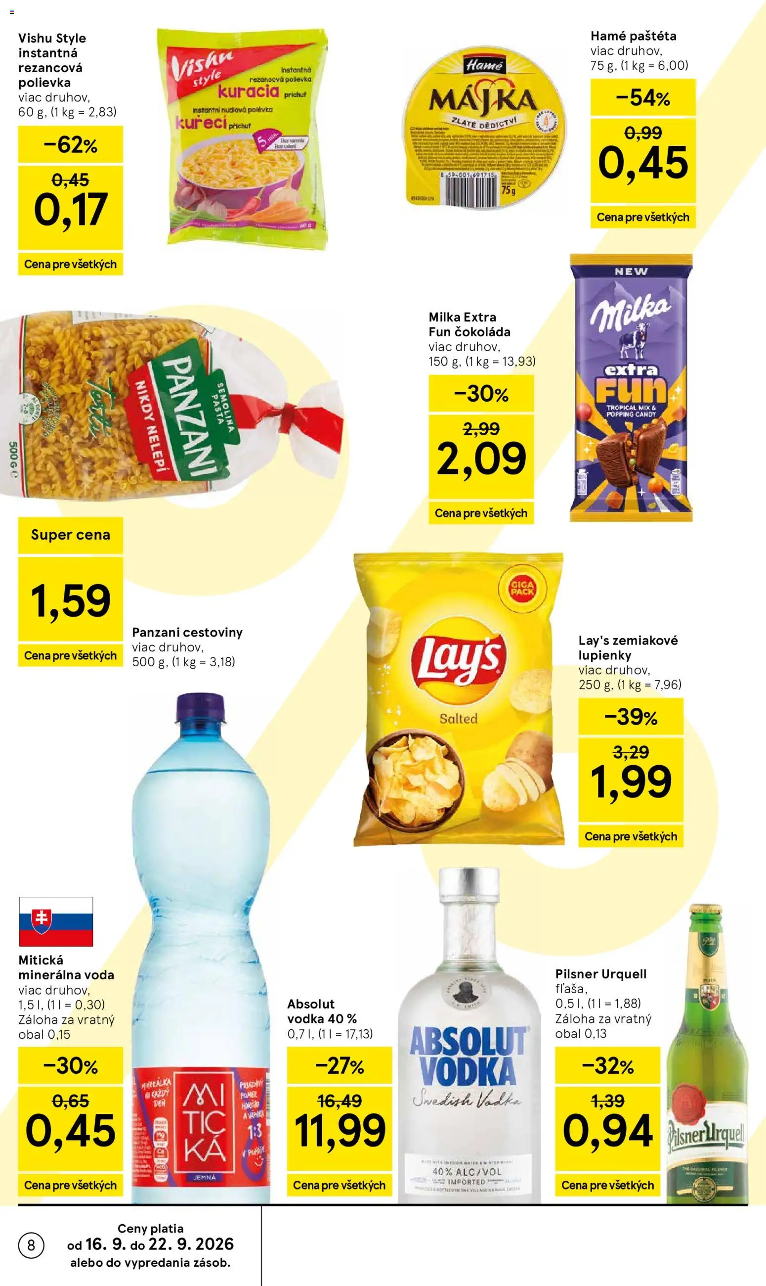 Nové Tesco akcie – leták je platný od 16.09.2026 | Strana: 8 | Produkty: Pilsner Urquell, Cestoviny Panzani, Milka, Voda